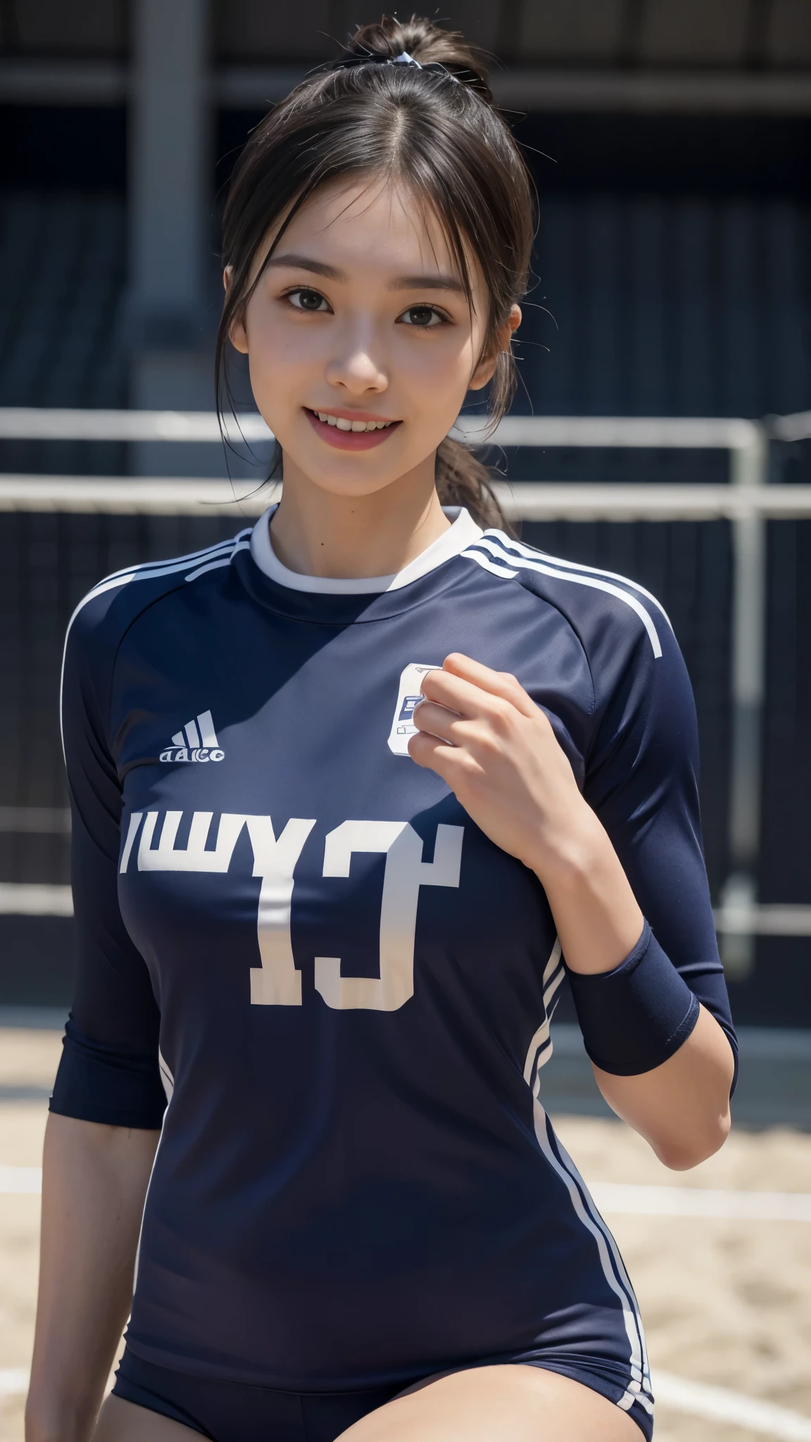 (volleyball uniform)Mix 4,ultra detail (8k, RAW Photos, 最high quality, masterpiece: 1.45), (Realistic, Photorealistic: 1.37), (Ultra high definition)(Textured skin)(Very detailed)(high quality)(最high quality)(First Person View)Beauty Women,smile