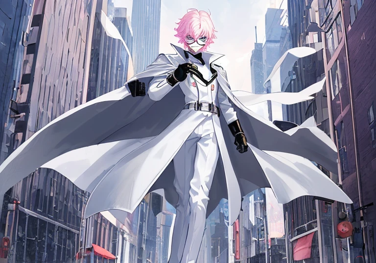 ((best quality)), ((masterpiece)), (detailed), 1 boy in a trench coat standing on a building, full body, 19 years old, slim, masked, face hidden, white mask covering his entire head and hair, hairless, glasses, blue eyes, face mask, tall and slender, long beige trench coat, open trench coat showing his suit, white suit, black fingerless gloves, white wristbands, superhero armor with emblem, luminous pink "I" letter emblem, I emblem, metallic white boots, superhero belt, city background, nanotechnology, anime