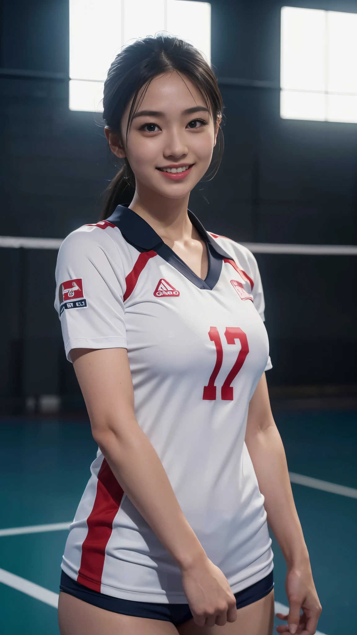 (volleyball uniform)Mix 4,ultra detail  (8k, RAW Photos, 最high quality, masterpiece: 1.45), (Realistic, Photorealistic: 1.37), （Ultra high definition）（Textured skin）（Very detailed）（high quality）（最high quality）（First Person View）Beauty Women,smile