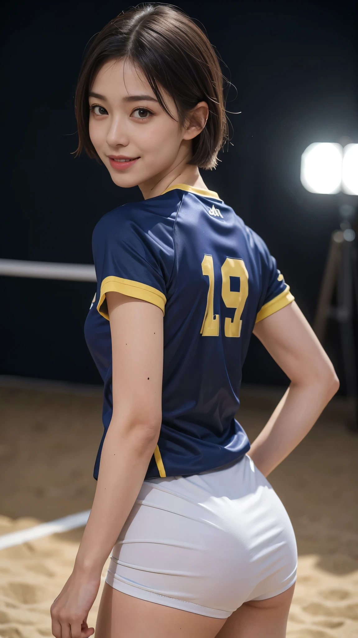 (volleyball uniform)Mix 4,ultra detail  (8k, RAW Photos, 最high quality, masterpiece: 1.45), (Realistic, Photorealistic: 1.37), （Ultra high definition）（Textured skin）（Very detailed）（high quality）（最high quality）（First Person View）Beauty Women,smile,short hair,looking back