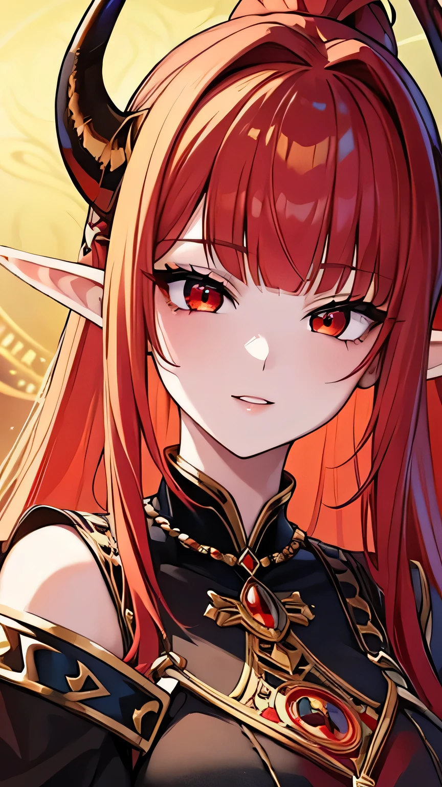 (masterpiece, top quality, best quality, official art, beautiful and aesthetic:1.2), (1girl:1.3), extremely detailed,(fractal art:1.2),colorful, highest detailed, parted lips,wallpaper, red hair, ponytail, (detailed eyes, cosmic eyes, (different eyes, golden and red eyes)), horn, bangs, black coat, hand on her cheeks, medium breast, horn, black horn, horn towards the bangs, challenging smile, elf ears, focus on her face