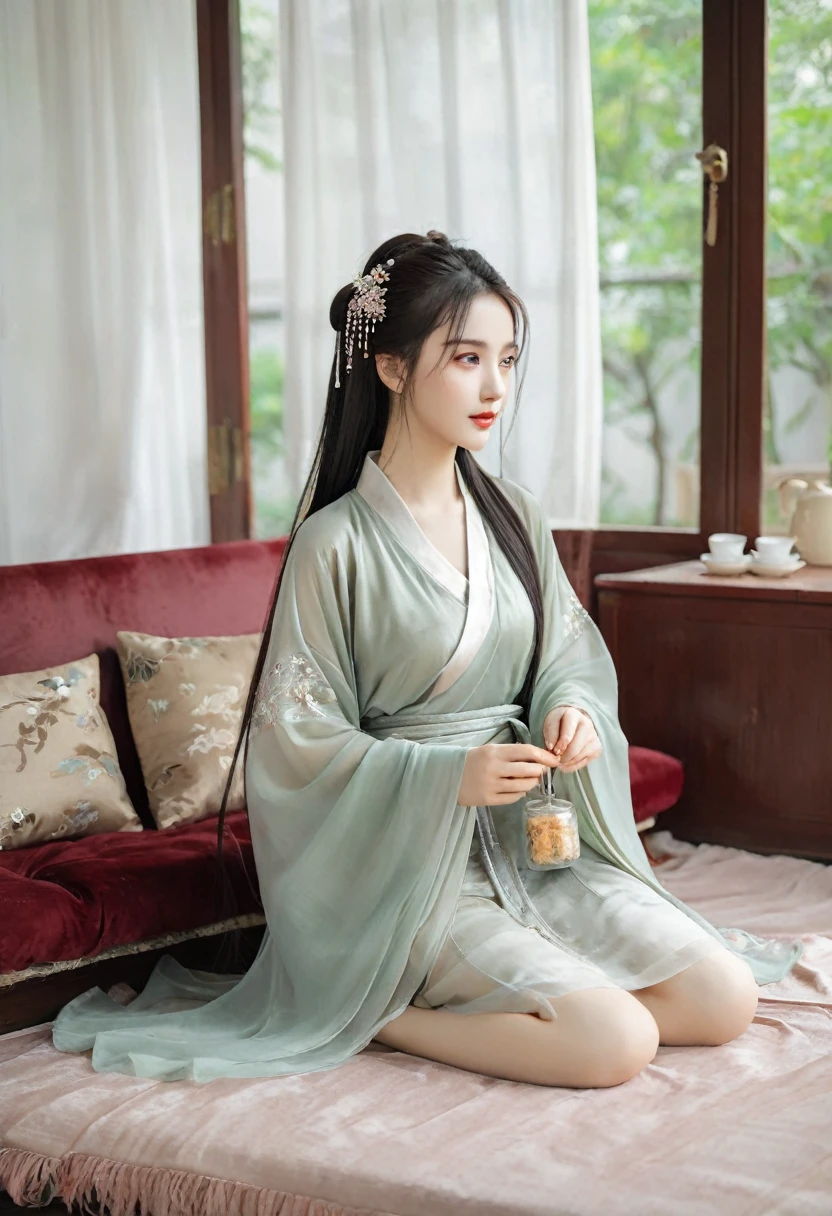 Ancient china beautiful  lady with simple hairstyle wearing silver, maroon, cozy short sleeves and skirt hanfu inside bright bedroom with laying on brown sofa layer with fur, nearby the big windows are bright open with outside greeneries shown, she was eating snacks, with her bare arms and legs shown and long black soft wavy hair.