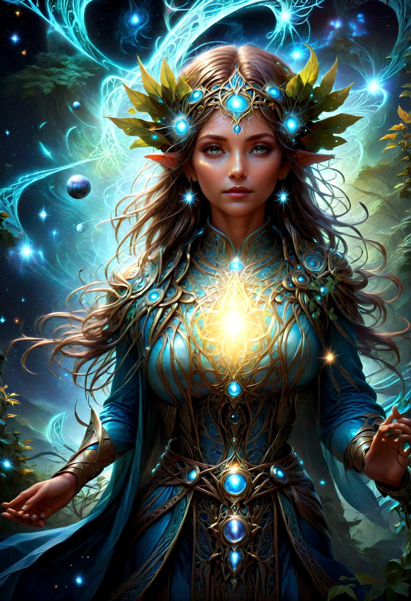 high details, best quality, 16k, [ultra detailed], masterpiece, (extremely detailed), dynamic angle, photorealistic, ((fantasy art)), d&d art, rpg art, realistic art, female human druid of the stars, guardian of nature, controlling magical energy made of stars, swirling blue stary magical light, divine symbols, DruidMagicAI (intricate details, Masterpiece, best quality: 1.5), human female, extremally beautiful, ultra feminine, dynamic hair, dynamic hair color, wearing leather armorת holding a staff, moon light, stars, dynamic natural background, RPG art, magical atmosphere magic-fantasy-forest, ultra best realistic, best details, 16k, [ultra detailed], masterpiece, best quality, (extremely detailed), photorealism, depth of field, hyper realistic painting, aetherpunkai