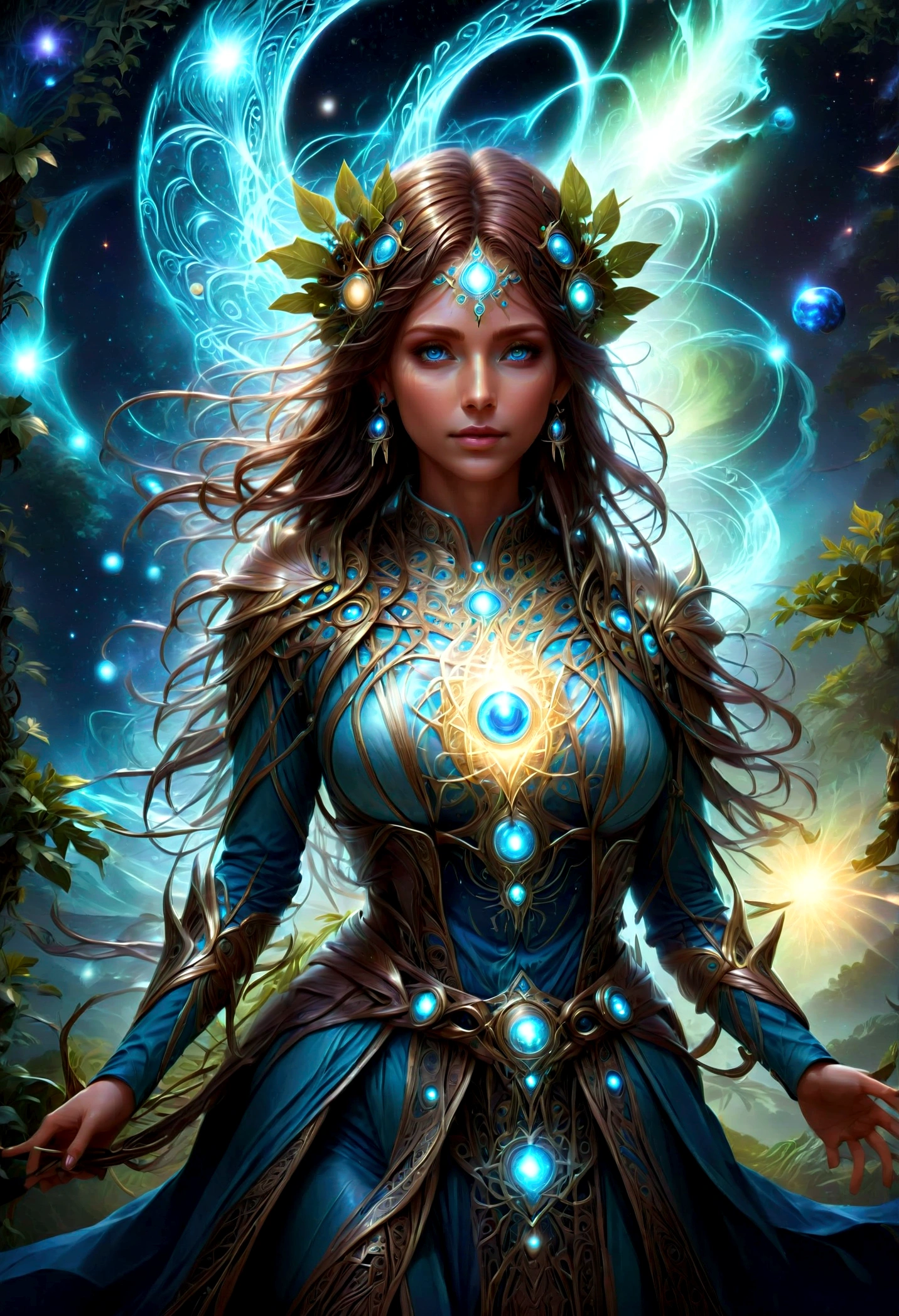 high details, best quality, 16k, [ultra detailed], masterpiece, (extremely detailed), dynamic angle, photorealistic, ((fantasy art)), d&d art, rpg art, realistic art, female human druid of the stars, guardian of nature, controlling magical energy made of stars, swirling blue stary magical light, divine symbols, DruidMagicAI (intricate details, Masterpiece, best quality: 1.5), human female, extremally beautiful, ultra feminine, dynamic hair, dynamic hair color, wearing leather armorת holding a staff, moon light, stars, dynamic natural background, RPG art, magical atmosphere magic-fantasy-forest, ultra best realistic, best details, 16k, [ultra detailed], masterpiece, best quality, (extremely detailed), photorealism, depth of field, hyper realistic painting, aetherpunkai