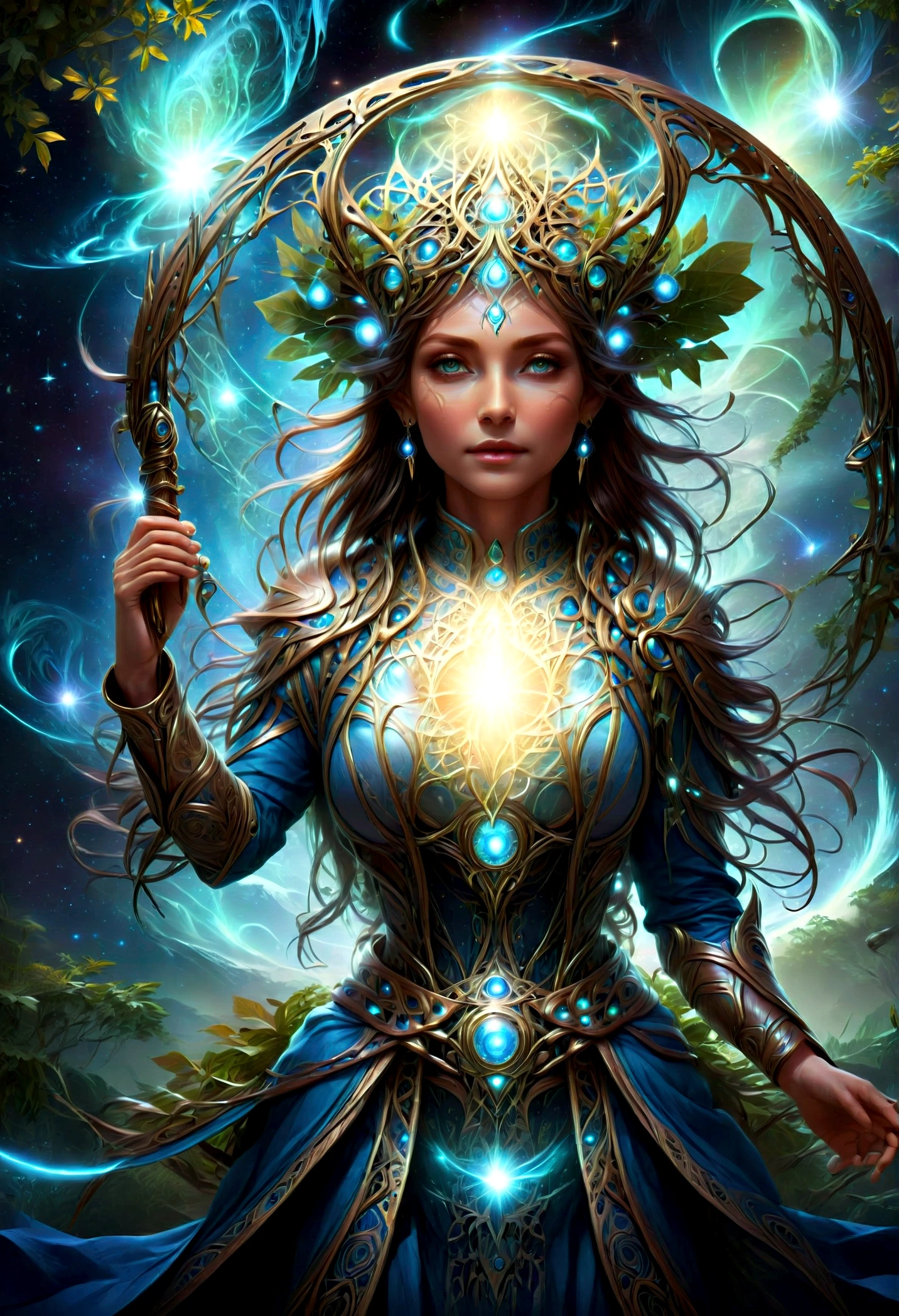 high details, best quality, 16k, [ultra detailed], masterpiece, (extremely detailed), dynamic angle, photorealistic, ((fantasy art)), d&d art, rpg art, realistic art, female human druid of the stars, guardian of nature, controlling magical energy made of stars, swirling blue stary magical light, divine symbols, DruidMagicAI (intricate details, Masterpiece, best quality: 1.5), human female, extremally beautiful, ultra feminine, dynamic hair, dynamic hair color, wearing leather armorת holding a staff, moon light, stars, dynamic natural background, RPG art, magical atmosphere magic-fantasy-forest, ultra best realistic, best details, 16k, [ultra detailed], masterpiece, best quality, (extremely detailed), photorealism, depth of field, hyper realistic painting, aetherpunkai