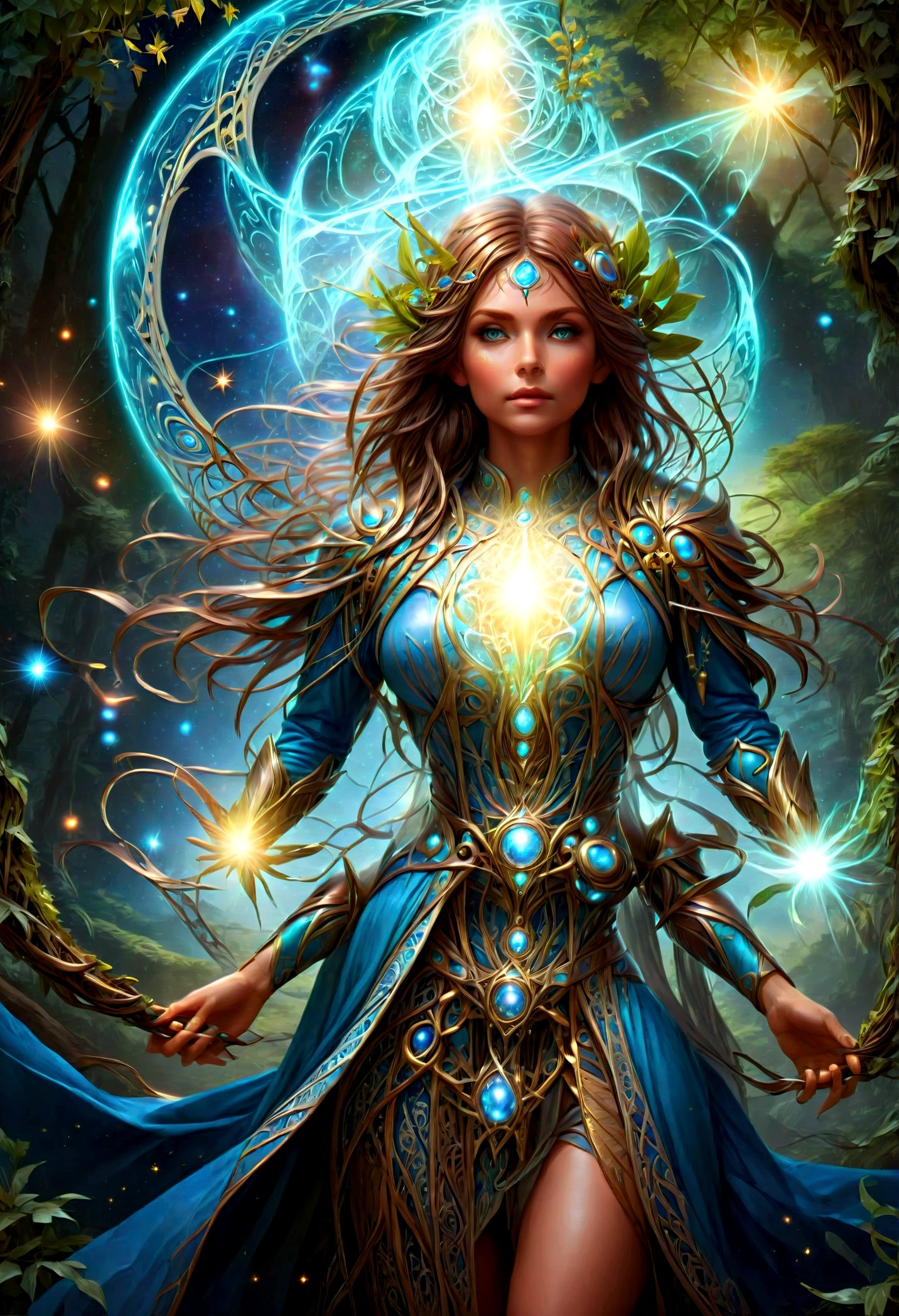 high details, best quality, 16k, [ultra detailed], masterpiece, (extremely detailed), dynamic angle, photorealistic, ((fantasy art)), d&d art, rpg art, realistic art, female human druid of the stars, guardian of nature, controlling magical energy made of stars, swirling blue stary magical light, divine symbols, DruidMagicAI (intricate details, Masterpiece, best quality: 1.5), human female, extremally beautiful, ultra feminine, dynamic hair, dynamic hair color, wearing leather armorת holding a staff, moon light, stars, dynamic natural background, RPG art, magical atmosphere magic-fantasy-forest, ultra best realistic, best details, 16k, [ultra detailed], masterpiece, best quality, (extremely detailed), photorealism, depth of field, hyper realistic painting, aetherpunkai