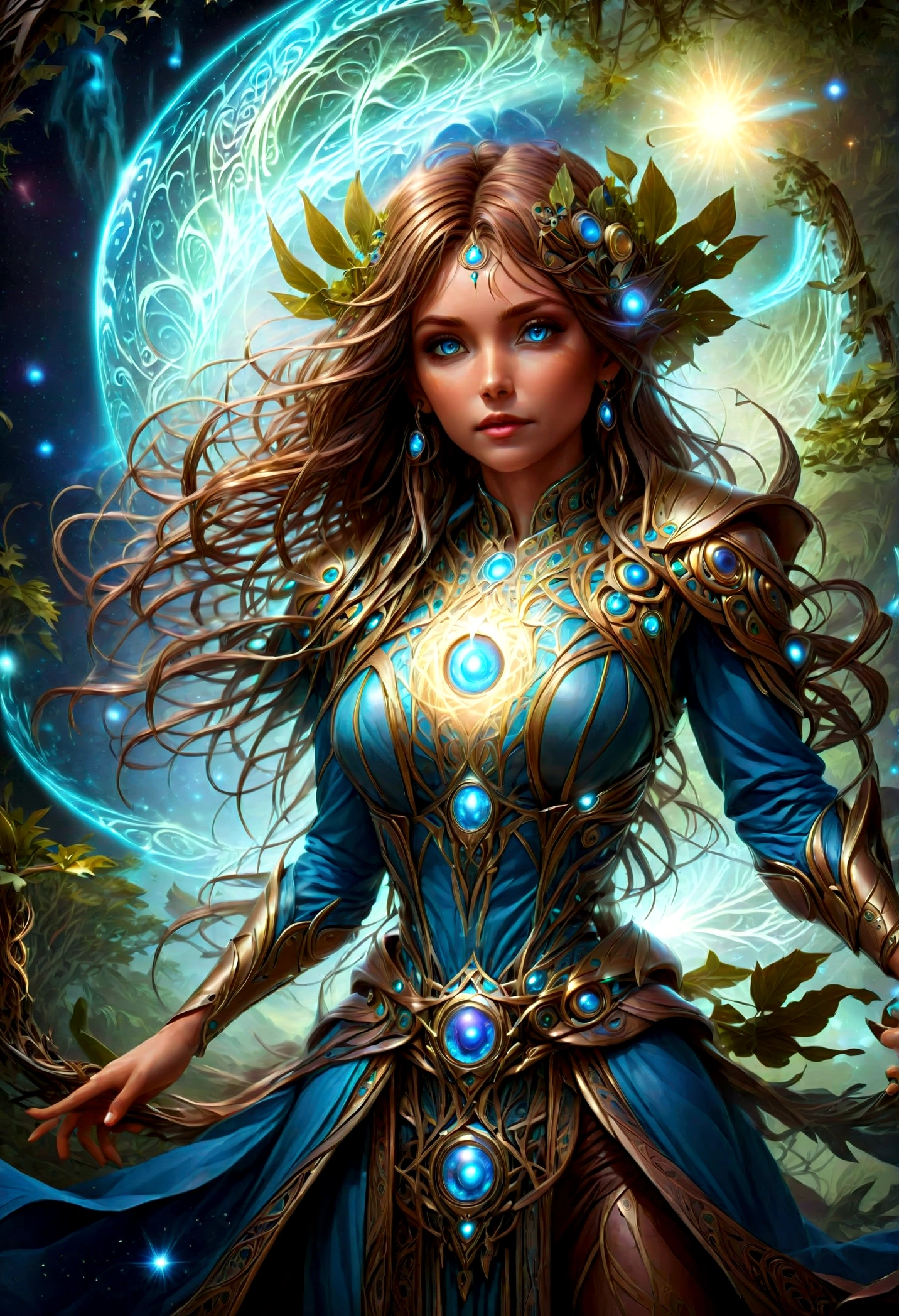 high details, best quality, 16k, [ultra detailed], masterpiece, (extremely detailed), dynamic angle, photorealistic, ((fantasy art)), d&d art, rpg art, realistic art, female human druid of the stars, guardian of nature, controlling magical energy made of stars, swirling blue stary magical light, divine symbols, DruidMagicAI (intricate details, Masterpiece, best quality: 1.5), human female, extremally beautiful, ultra feminine, dynamic hair, dynamic hair color, wearing leather armorת holding a staff, moon light, stars, dynamic natural background, RPG art, magical atmosphere magic-fantasy-forest, ultra best realistic, best details, 16k, [ultra detailed], masterpiece, best quality, (extremely detailed), photorealism, depth of field, hyper realistic painting, aetherpunkai