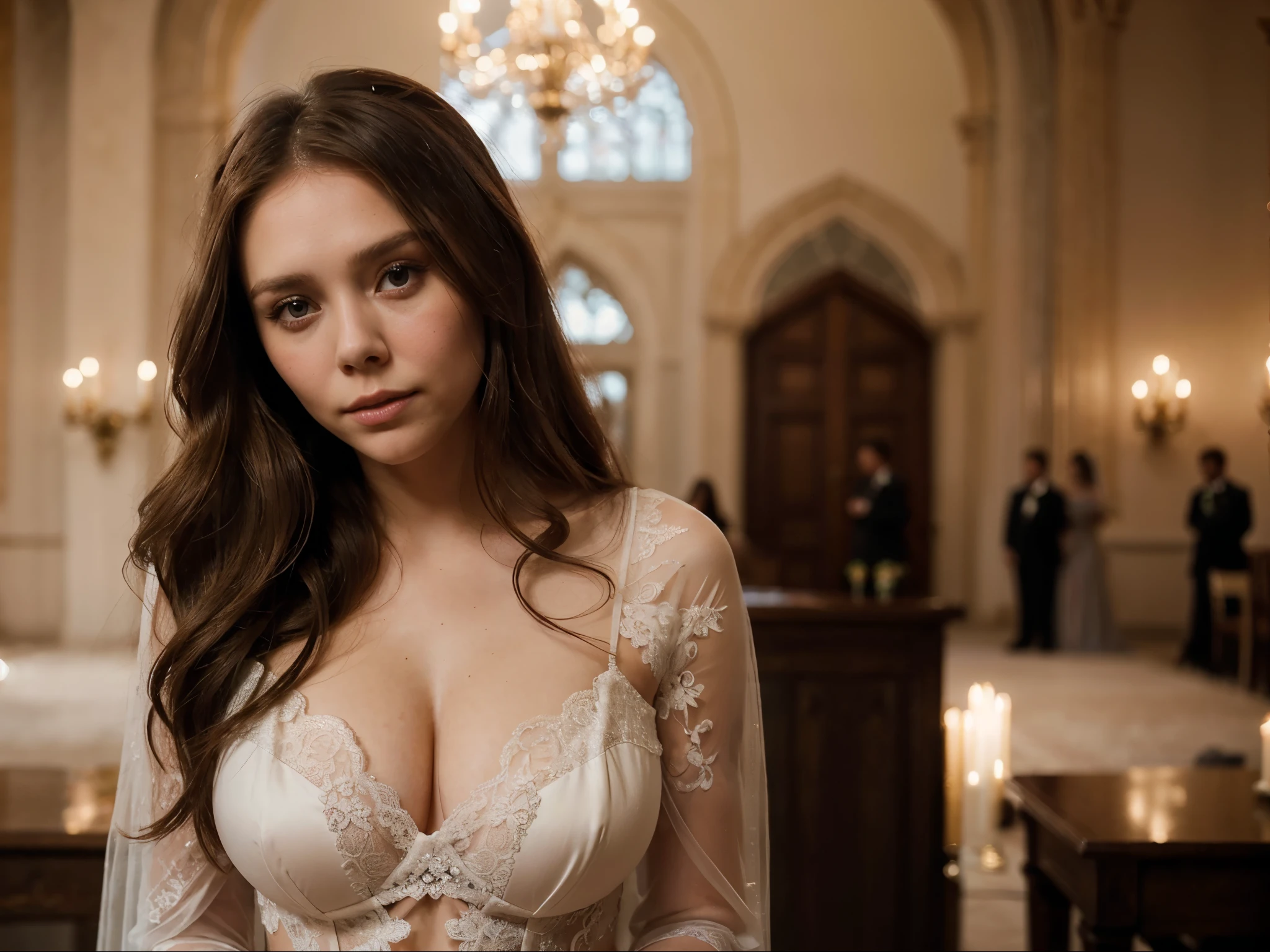a beautiful young woman, Elizabeth Olsen, wearing a see-through black lace, Big
tits, wedding dress, long flowing hair, delicate facial features, looking directly at the camera, elegant posture, romantic wedding setting, high-quality 8k, photorealistic, cinematic lighting, soft pastel colors, ethereal, mystical, dreamlike atmosphere