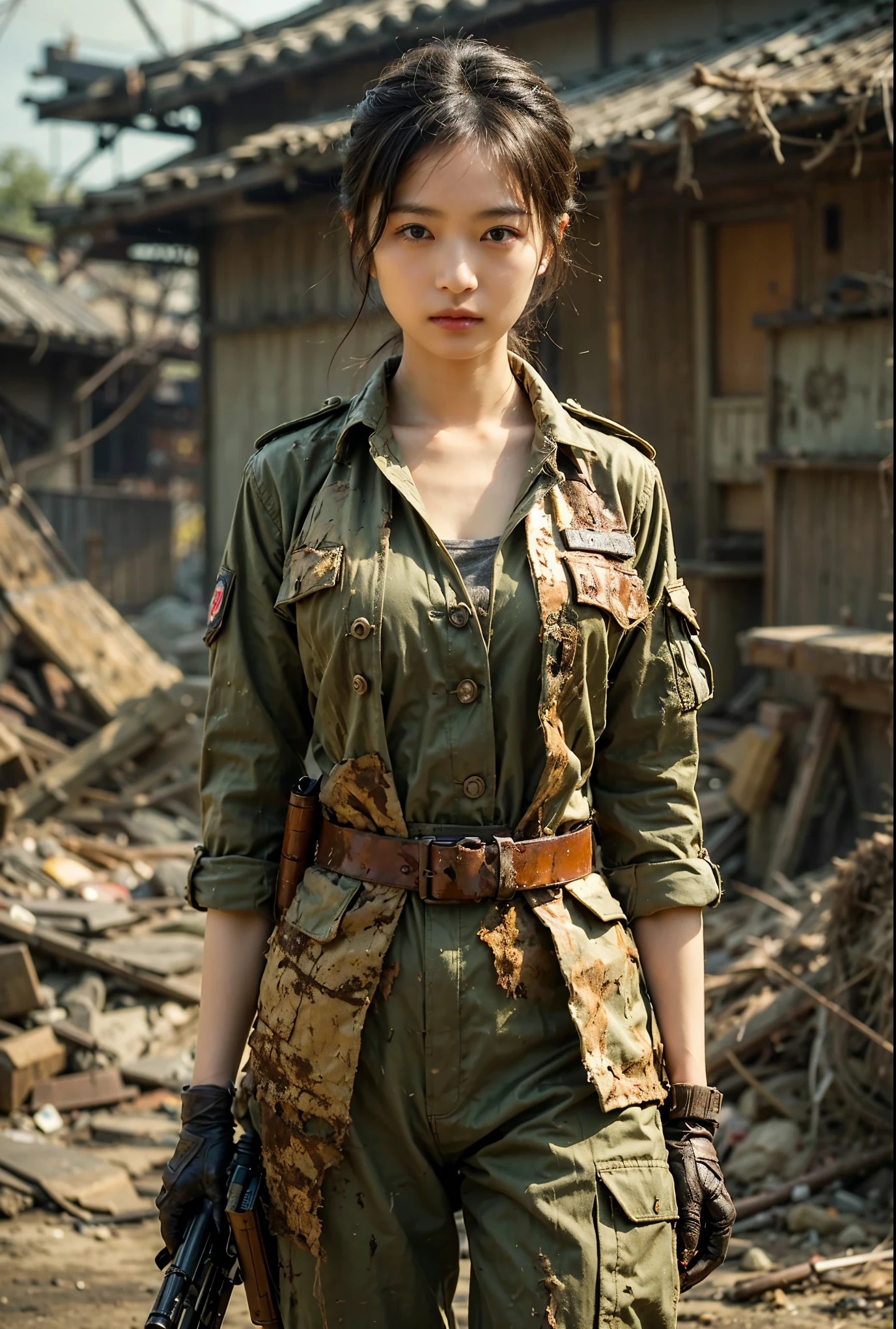 A fictional WWII Japanese female soldier piloting a humanoid weapon of the Imperial Japanese Army、Beautiful Face、Torn trousers、dirty clothes、Very intricate details、Olive drab paint、Peeling paint、Weathering、Trench Warfare Background、Photorealistic、taken with Fuji film X-T30+Nokton. HDR10
