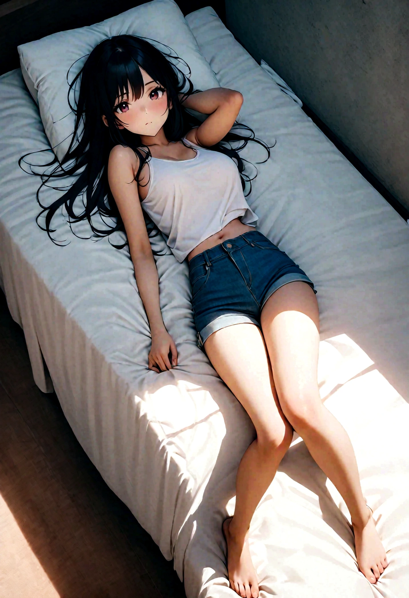 a pretty mediterrannean girl with straight hair an a thin face.and big . She wear a white tank top, and a sexy blue jean short She is lying in a bed. Photo for instagram full body