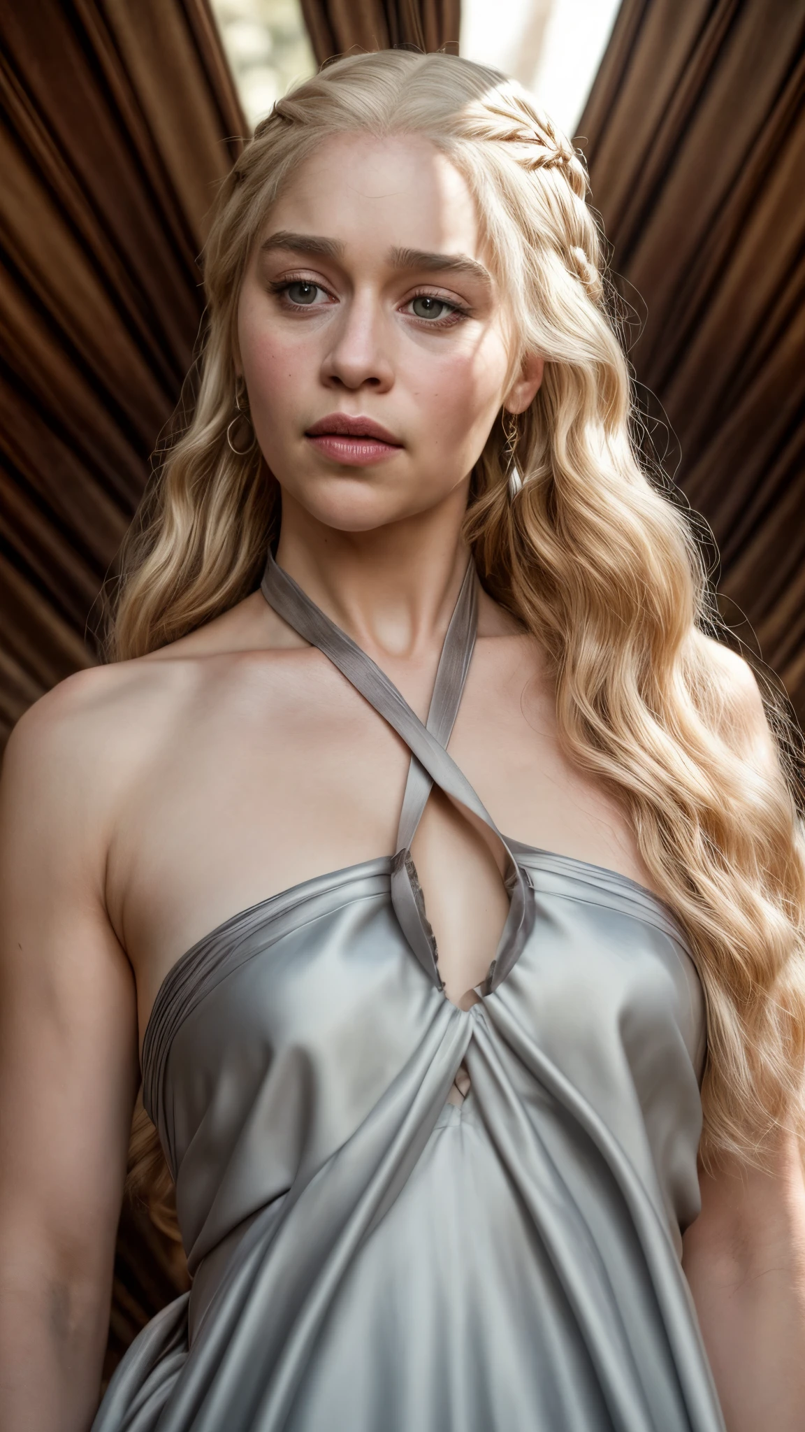 masterpiece, stunning portrait photo of khls woman, sleeveless, erotic costumes, sensual satin dress, game of thrones inspired costumes, 
  