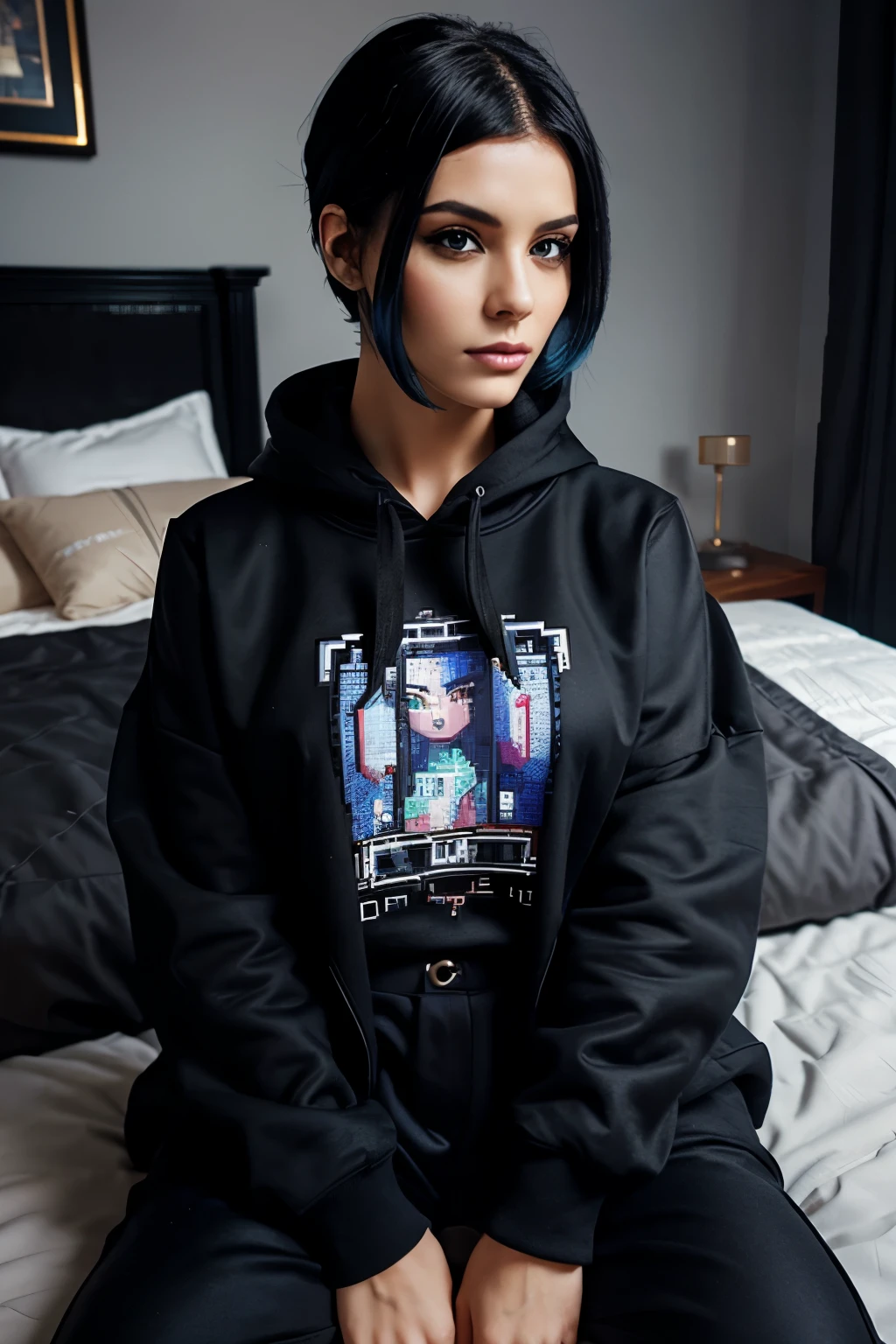 (Pixelart: 1.2), beautiful gothic women, sexy goth girl, designer sweatshirt coat with logos, trousers, short black hair with blue tips, bedroom, Lying in bed, (Isaac Keck: 0.8) [by ilya kuvshinov: 0.65]