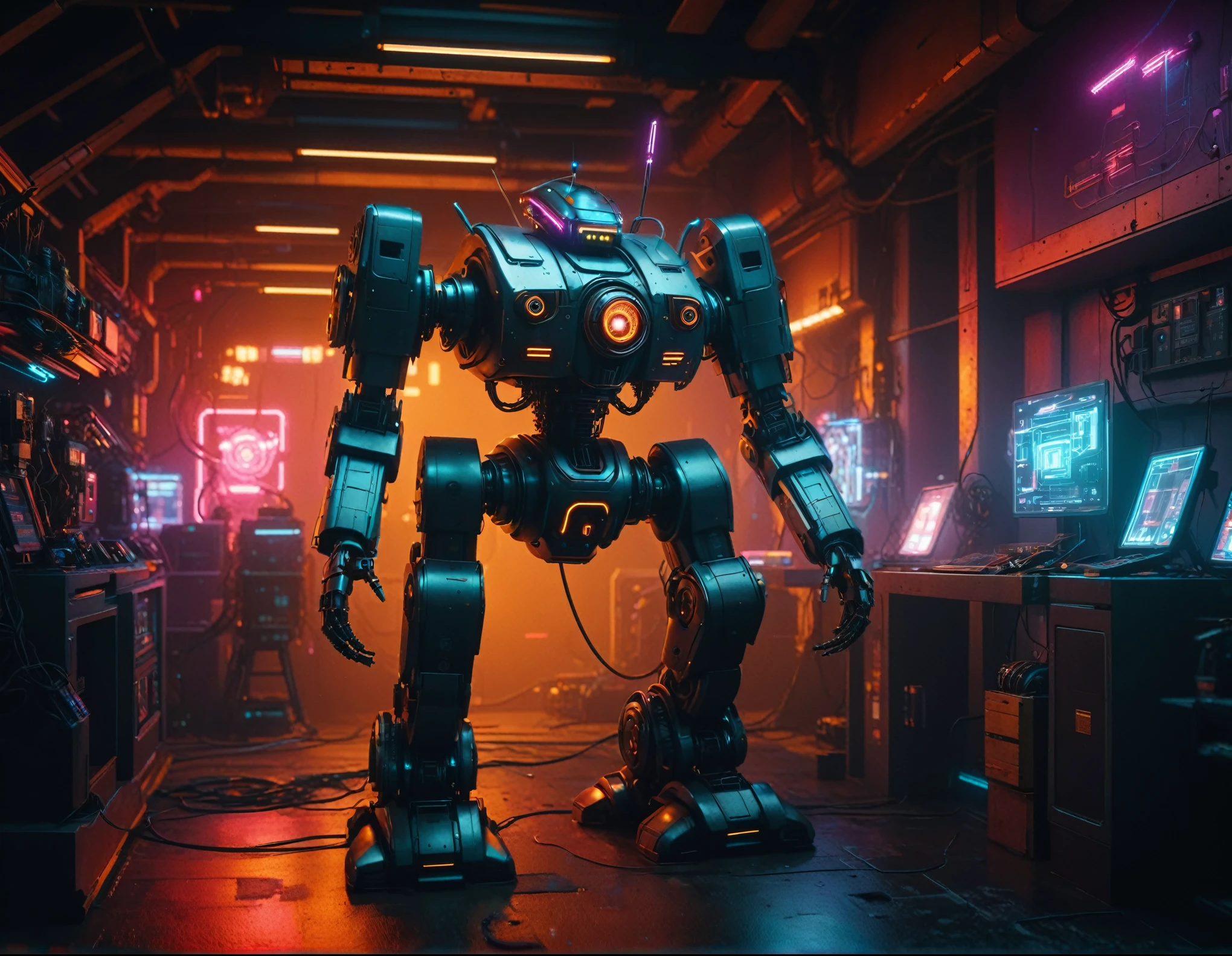 a close up of a robot standing in a room with a lot of lights, cyberpunk art by Beeple, polycount contest winner, digital art, cyberpunk robot, deep cyberpunk mechanoid, cyber mech, 3 d render beeple, beeple and tim hildebrandt, mech robot futuristic, beeple and mike winkelmann, neon background, highres, masterpiece,