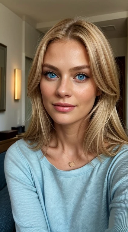 A blonde woman in her 30s with blue eyes is taking a selfie. She is looking directly at the camera with a friendly and natural expression. She has long, straight hair and is wearing a casual outfit. The background is a simple indoor setting, possibly a cozy living room or a bright, well-lit room. The image should capture a modern, everyday moment with a realistic and high-quality look. Everything in the image, including the woman, her expression, and the setting, should be as realistic as possible, with natural lighting illuminating the scene. The facial details, especially the eyes, should be highly detailed and lifelike, capturing the depth and vibrancy of her blue eyes