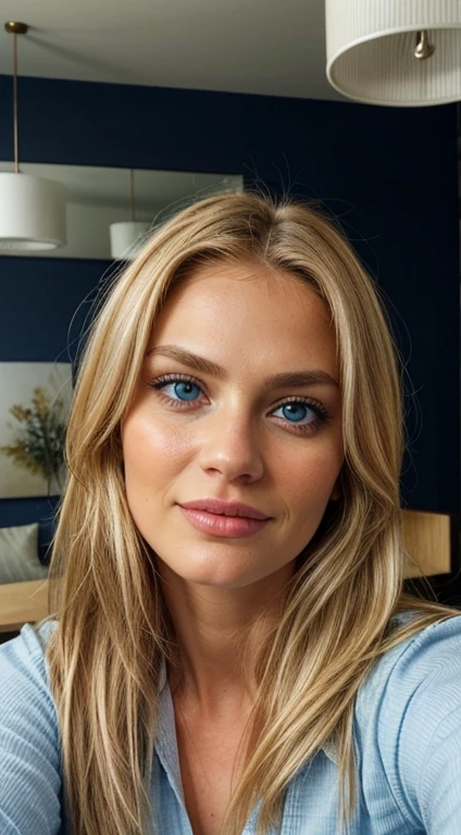 A blonde woman in her 30s with blue eyes is taking a selfie. She is looking directly at the camera with a friendly and natural expression. She has long, straight hair and is wearing a casual outfit. The background is a simple indoor setting, possibly a cozy living room or a bright, well-lit room. The image should capture a modern, everyday moment with a realistic and high-quality look. Everything in the image, including the woman, her expression, and the setting, should be as realistic as possible, with natural lighting illuminating the scene. The facial details, especially the eyes, should be highly detailed and lifelike, capturing the depth and vibrancy of her blue eyes