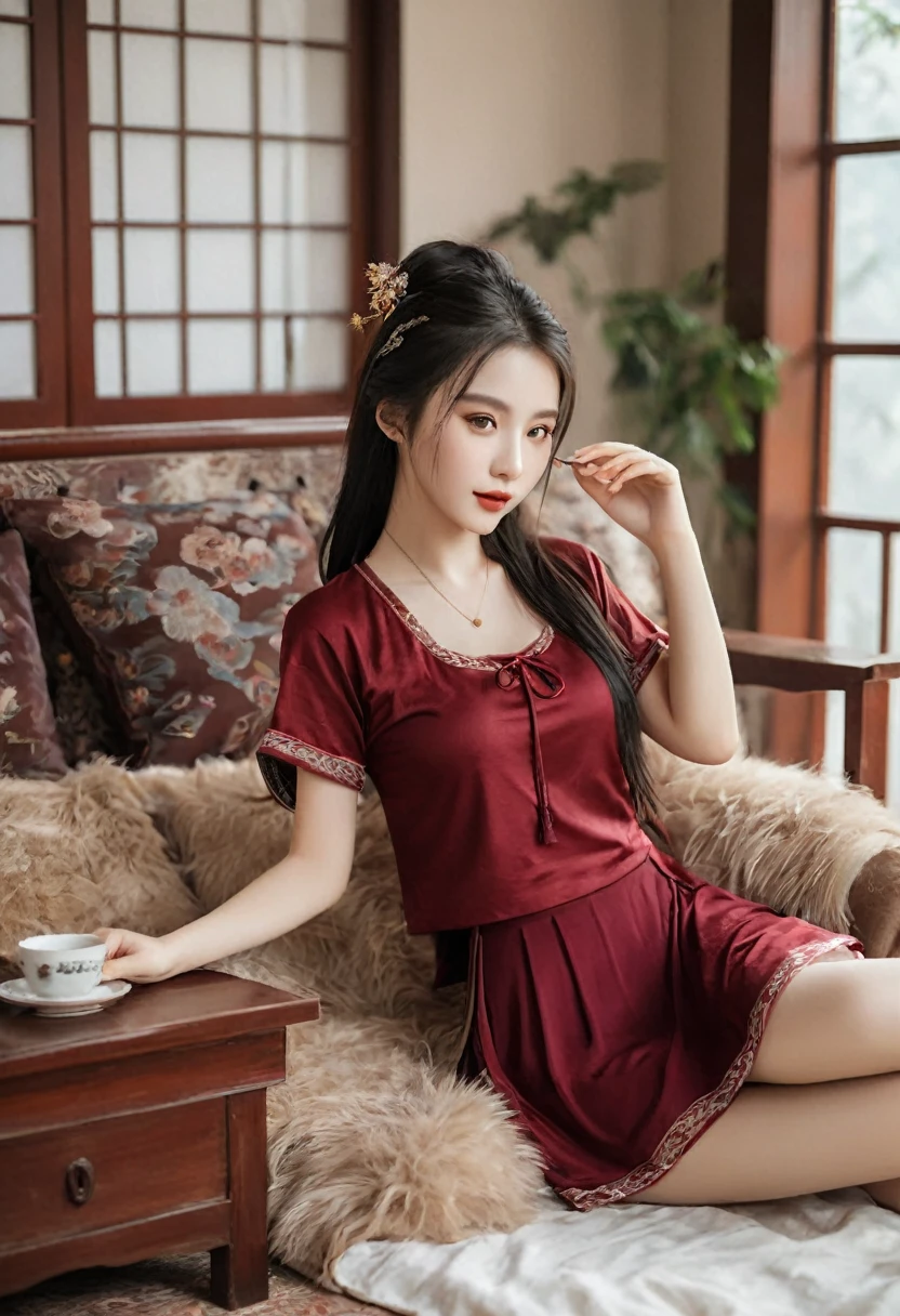 Ancient china beautiful little lady with simple hairstyle wearing maroon, cozy short sleeves and skirt inner garment (ancient style) inside bright bedroom with laying on brown sofa layer with fur, nearby the big windows are bright open with outside greeneries shown, she was eating snacks, with her bare arms and legs shown and long black soft wavy hair.