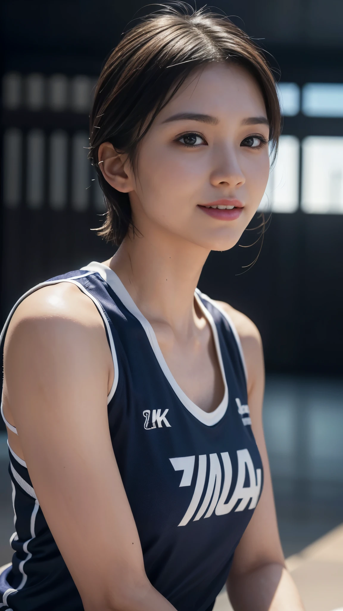 (volleyball uniform)(dramatic angle)Mix 4,ultra detail  (8k, RAW Photos, 最high quality, masterpiece: 1.45), (Realistic, Photorealistic: 1.37), （Ultra high definition）（Textured skin）（Very detailed）（high quality）（最high quality）（First Person View）Beauty Women,short hair,arms behind head,gym,smile