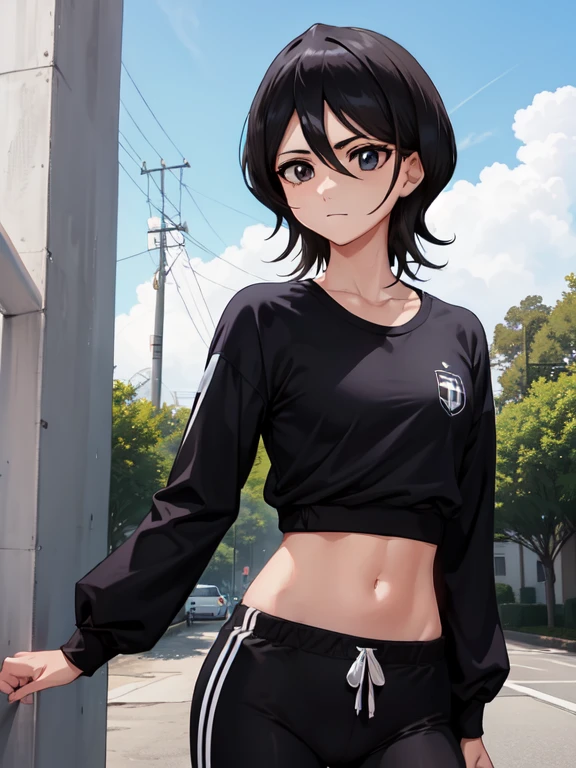 female character, BROWN SKIN, very short hair with black bangs, Brown eyes, full body with the U uniform.A, from the anime my Hera academia 
