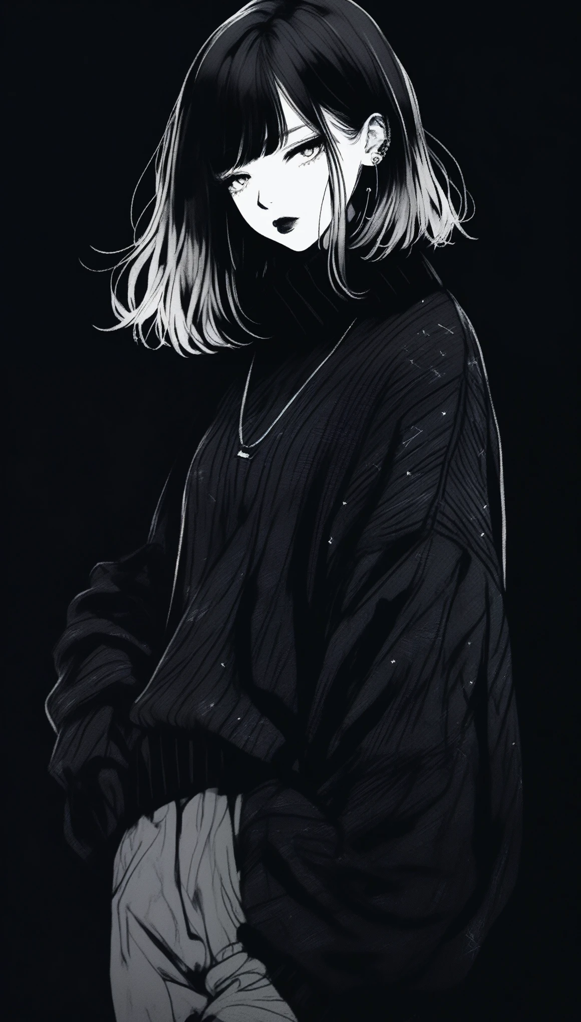 (highest quality, sketch:1.2), Dark monochrome background, Japanese Manga,Illustrator,Japanese Manga,1 girl, Delicate lips,sweater,custom,background completely black, Neon Hair,Texture Clipping,Canadian, masterpiece, style: Retro Classic, 深いblack, art, sketch book, (blackのボブヘア:1.35, black:1.55), bad woman 