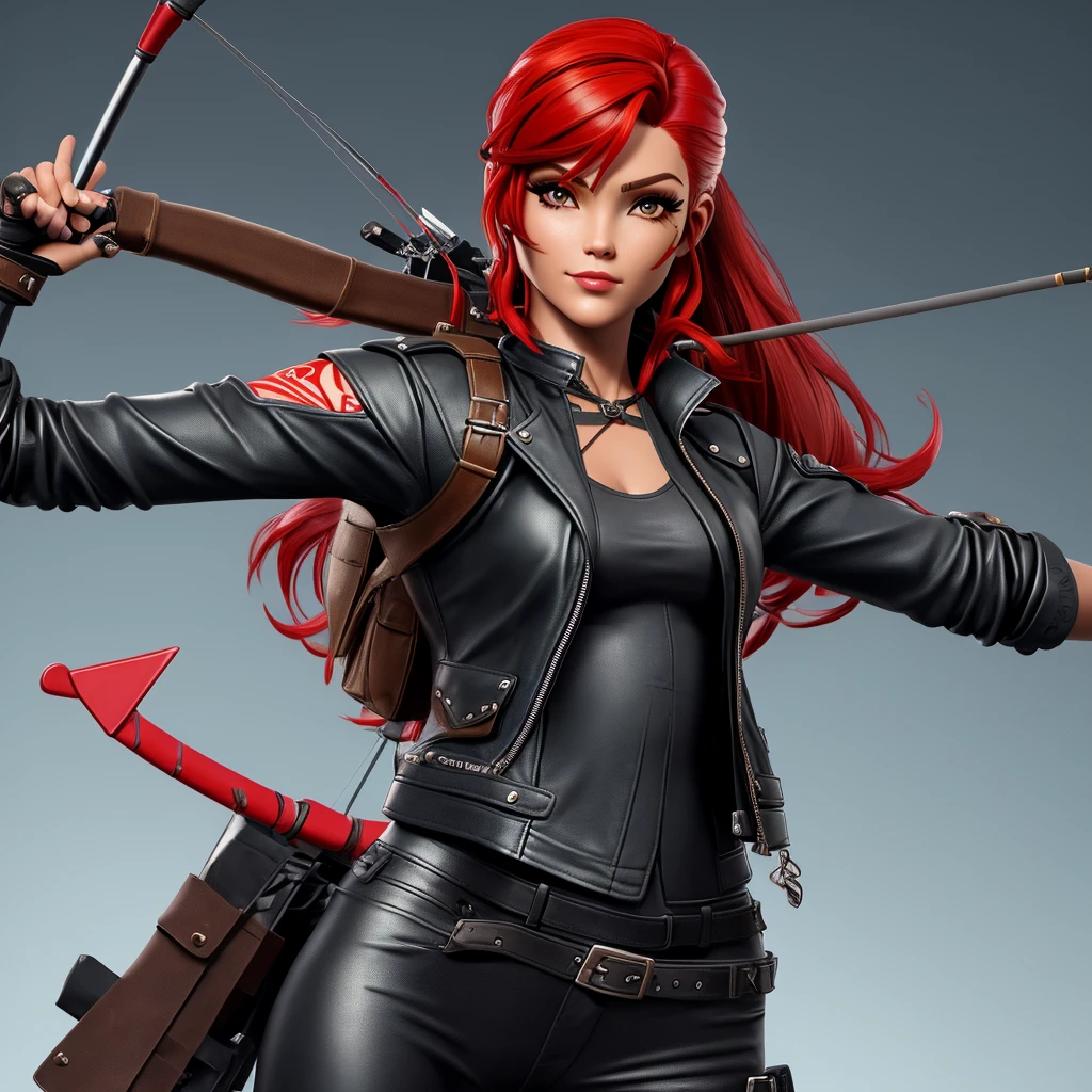 Archer girl, leather pant, leather jacket, red hair, bow and arrow, scar on left eye, 79 tatoo on shoulder
