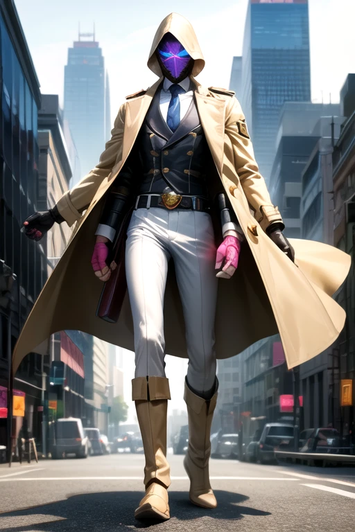 ((best quality)), ((masterpiece)), (detailed), 1 boy in a trench coat standing on a building, full body, 19 years old, slim, masked, face hidden, white mask covering his entire head and hair, hairless, glasses, blue eyes, face mask, tall and slender, long beige trench coat, open trench coat showing his suit, white suit, black fingerless gloves, white wristbands, superhero armor with emblem, luminous pink "I" letter emblem, I emblem, metallic white boots, superhero belt, city background, nanotechnology, anime
