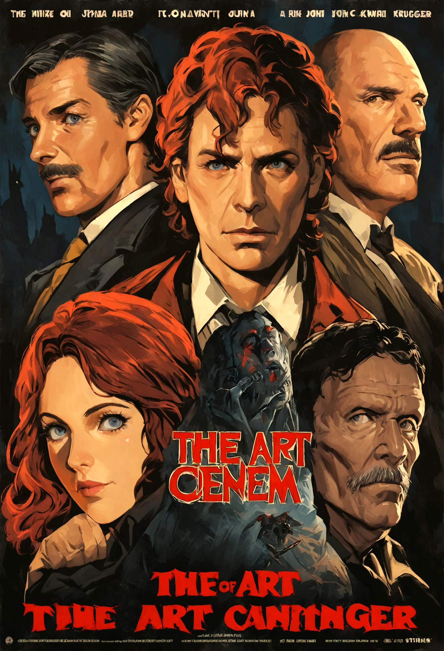 poster depicting a group of people the shadow of Freddy Krueger above them, detailed 4k horror artwork, The Art of Cinemawork, blockbuster The Art of Cinema, inspired by John Carpenter, Movie poster, The Art of Cinema, Illustration for the film, bestselling The Art of Cinema poster, drew struzan style art, Twin Peaks Poster, full poster, Rick Baker's Style, based on Drew Struzan