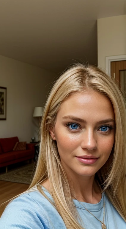 A blonde woman in her 30s with blue eyes is taking a selfie. She is looking directly at the camera with a friendly and natural expression. She has long, straight hair and is wearing a casual outfit. The background is a simple indoor setting, possibly a cozy living room or a bright, well-lit room. The image should capture a modern, everyday moment with a realistic and high-quality look. Everything in the image, including the woman, her expression, and the setting, should be as realistic as possible, with natural lighting illuminating the scene. The facial details, especially the eyes, should be highly detailed and lifelike, capturing the depth and vibrancy of her blue eyes