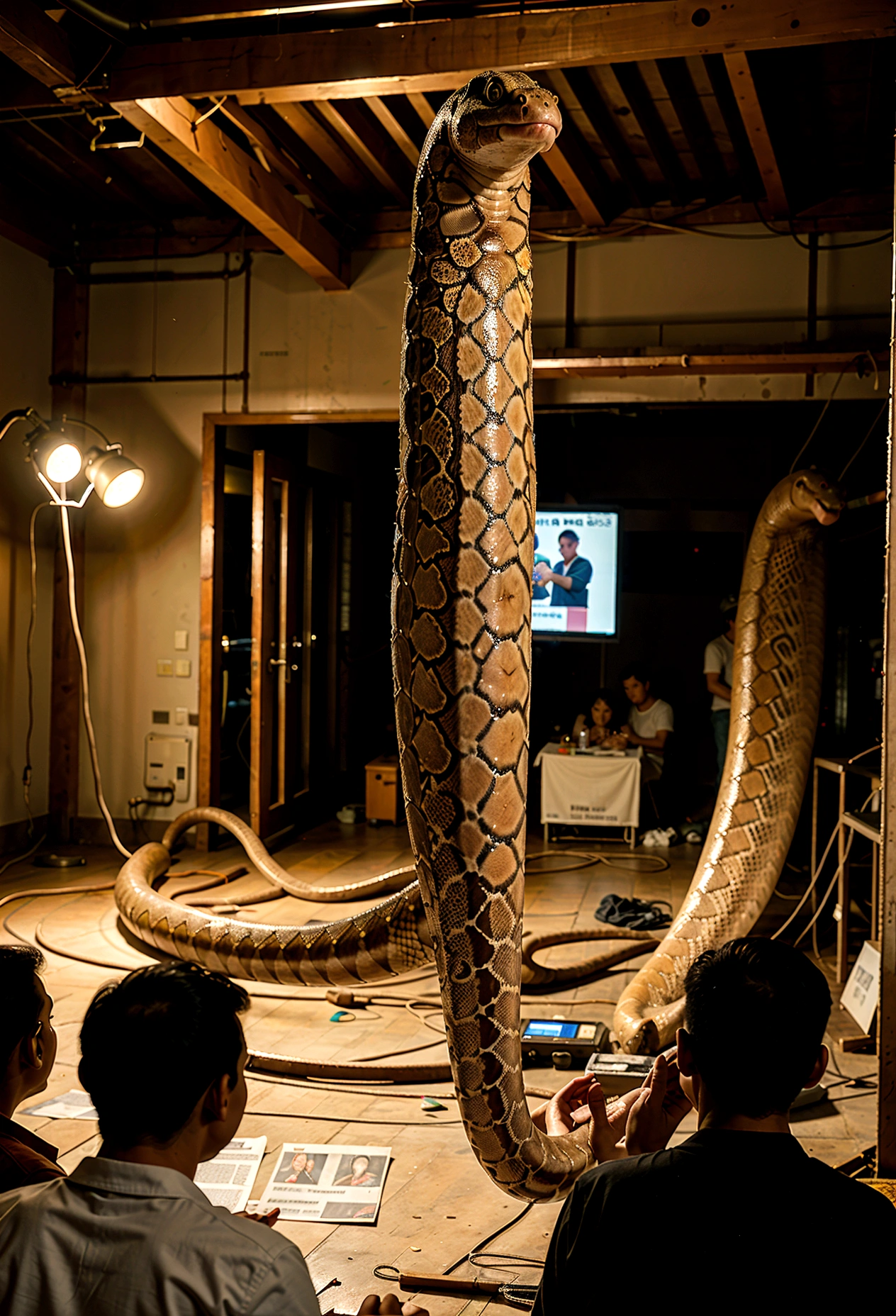 A photo from a Thai newspaper shows a 10 meter long giant python, an old photo, a photo from the past. People viewing the snake's corpse, 4k, realistic