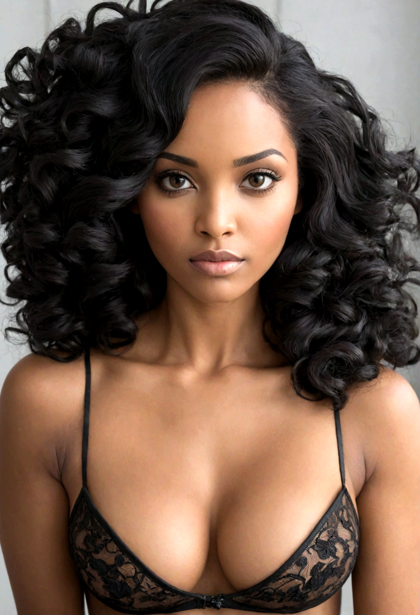 belle femme métisse au cheveux noirs, vue haut du corps avec les seins mit en valeur