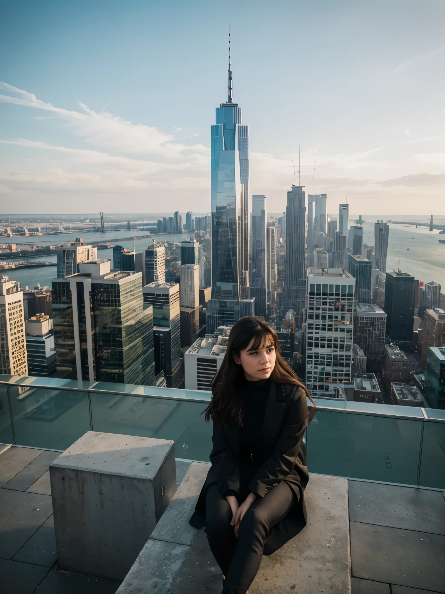  generated a full body of a 21 years old young white woman with dark brown hair, siting on the edge of an extremely tall building, taking photos with his camera of the cityscape below. The view is breathtaking and captures the essence of urban life. He's wearing black that complements the sleek glass surface he sits atop. In front of him lies a vast expanse of buildings, streets, green spaces, and the distant skyline. It’s a cinematic moment frozen in time in the style of professional photography