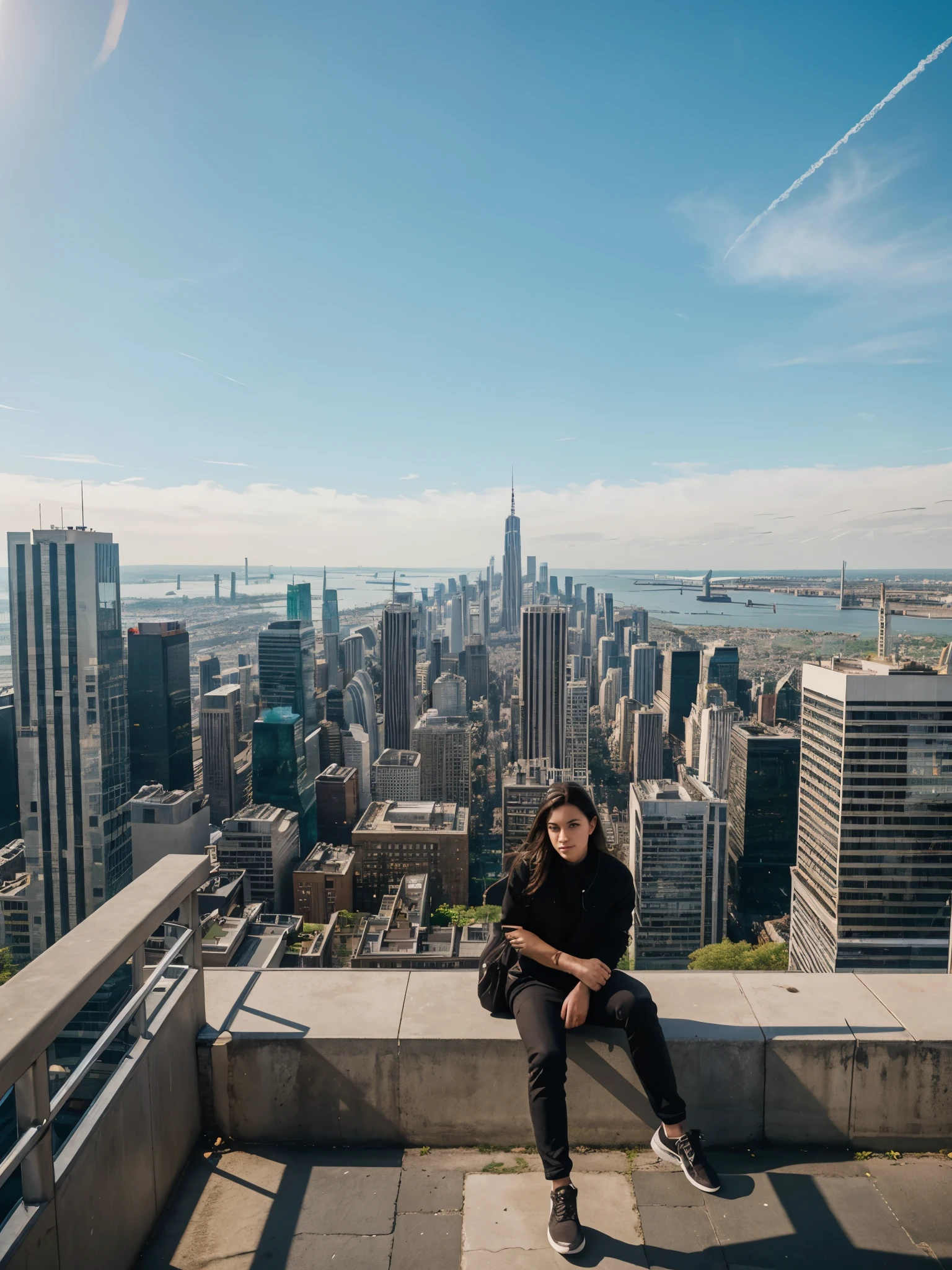 generated a full body of a 21 years old young white woman with dark brown hair, siting on the edge of an extremely tall building, taking photos with his camera of the cityscape below. The view is breathtaking and captures the essence of urban life. He's wearing black that complements the sleek glass surface he sits atop. In front of him lies a vast expanse of buildings, streets, green spaces, and the distant skyline. It’s a cinematic moment frozen in time in the style of professional photography