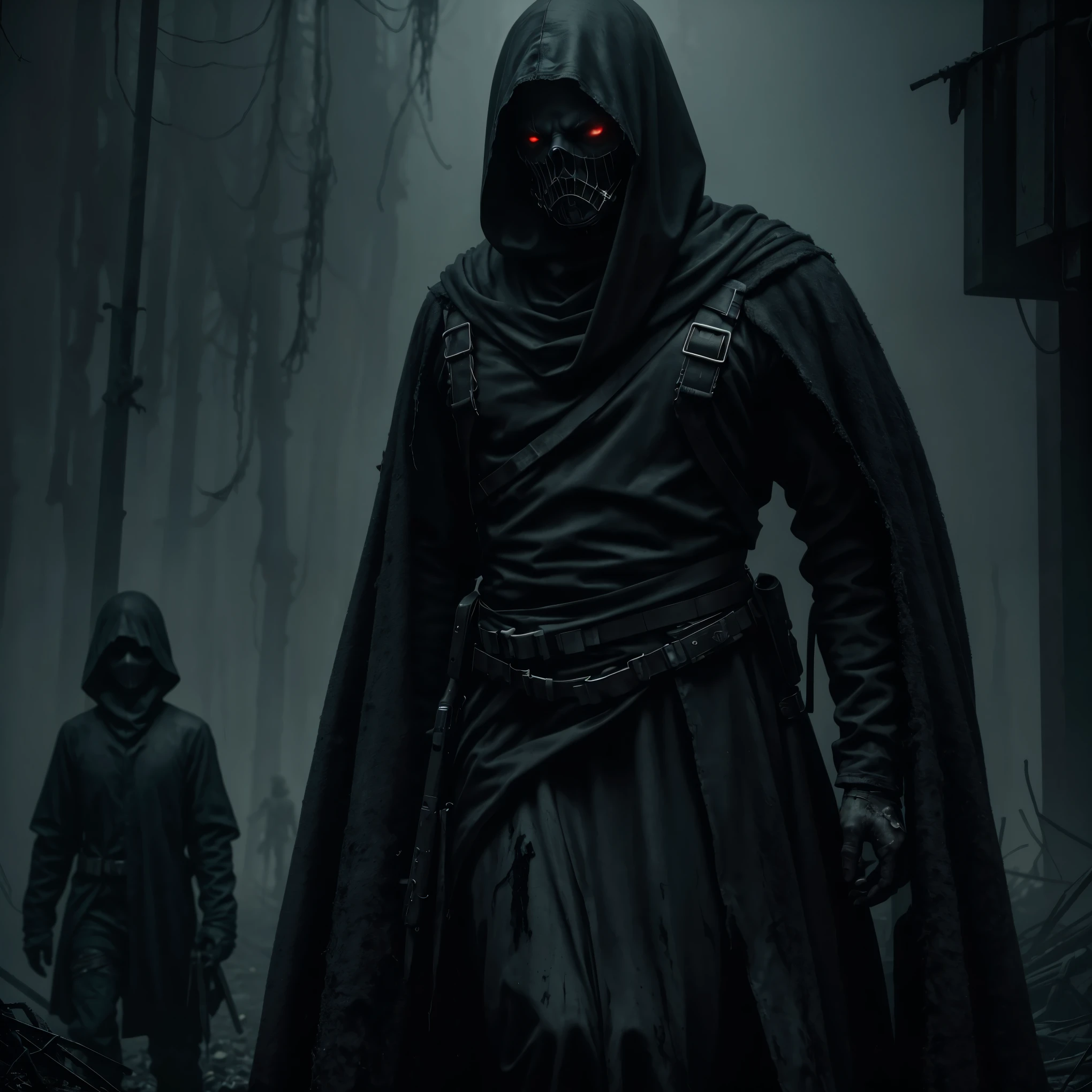 a dark, twisted, and unsettling horror scene, a group of ominous figures shrouded in darkness, their eyes glowing with a sinister intensity, haunting atmosphere, moody lighting, gloomy color palette, dystopian, post-apocalyptic, cinematic, hyper-detailed, masterpiece, 8k, photorealistic, dark fantasy, horror, cinematic lighting, moody, atmospheric, ominous, unsettling, disturbing, creepy, dystopian, post-apocalyptic, hyper-detailed, high quality