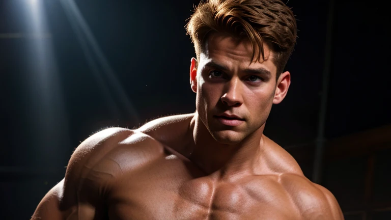 muscular shirtless Bobby Drake, X-Men, detailed facial features, brown hair, brown eyes, realistic lighting, cinematic, dramatic pose, high quality, 8K, photorealistic, chiaroscuro lighting, moody atmosphere, deep shadows, hyper-detailed skin, veiny muscular arms, dynamic action scene