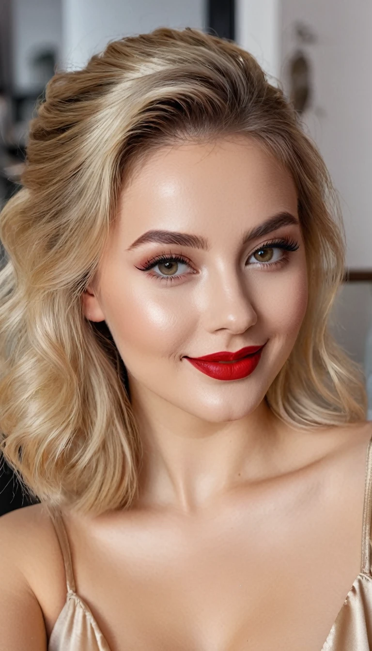 hyperrealistic beautiful busty 19-year-old woman with long legs wearing beige satin romper, model shooting full body photography, bleached blonde very long straight updo hair, soaky wet skin, dark eye makeup with eyeliner, seductive smile, red lips, 8K, Best quality, Meisterwerk, ultra high resolution, (Realismus: 1.4), Originalfoto, (realistische Hautstruktur: 1.3), (Filmkorn: 1.3), (Selfie-Winkel), 1 girl, Beautiful round hazel eyes and facial details, Meisterwerk, Best quality, indoor photography