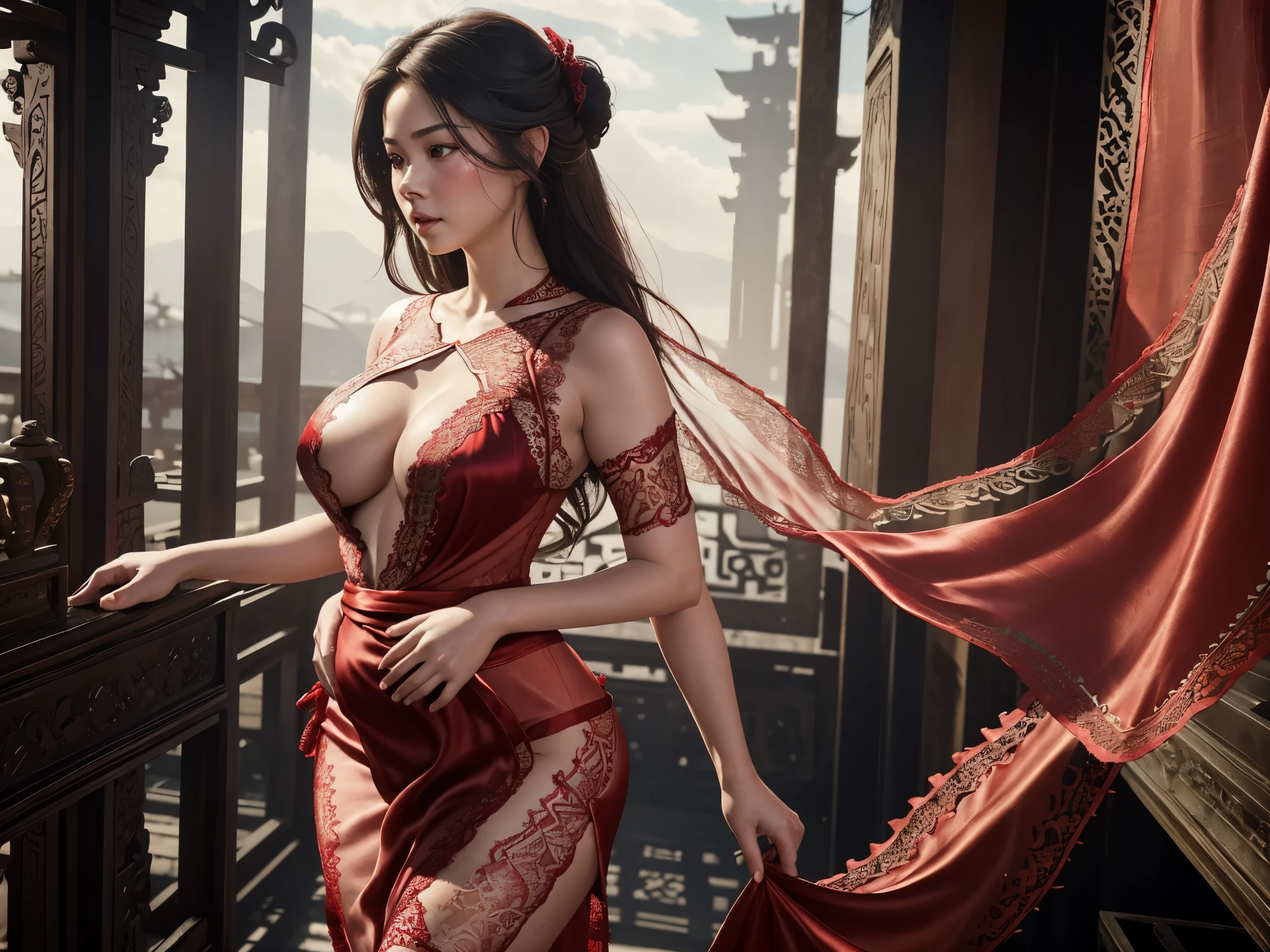 Photorealistic Production, (One Person), (Realistic Image of a 22 Years Old Female Model), big breast, Curvy Body (Pale Skin:1.4), batik lingerie (Wearing a red Ornated lace tight Kebaya Dress with Silk Cloth:1.6), (Serious Face), (Deep Cleavage), (Elegant Pose:1.4), Centered, (Waist-up Shot:1.4), From Front Shot, Insane Details, Intricate Face Detail, Intricate Hand Details, Cinematic Shot and Lighting, Realistic Colors, Sharp Focus, Ultra Detailed, Taken with DSLR camera, Realistic Photography, Incredibly Realistic Environment and Scene, Master Composition and Cinematography, hair behind ear, hair over eyes, long hair, Depth of Field, first-person view, atmospheric perspective, Masterpiece, balinese temple