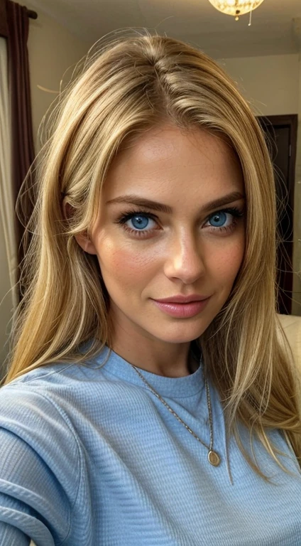 A blonde woman in her 30s with blue eyes is taking a selfie. She is looking directly at the camera with a friendly and natural expression. She has straight, shoulder-length hair and is wearing a casual outfit. The background is a simple indoor setting, possibly a cozy living room or a bright, well-lit room. The image should capture a modern, everyday moment with a realistic and high-quality look. Everything in the image, including the woman, her expression, and the setting, should be as realistic as possible