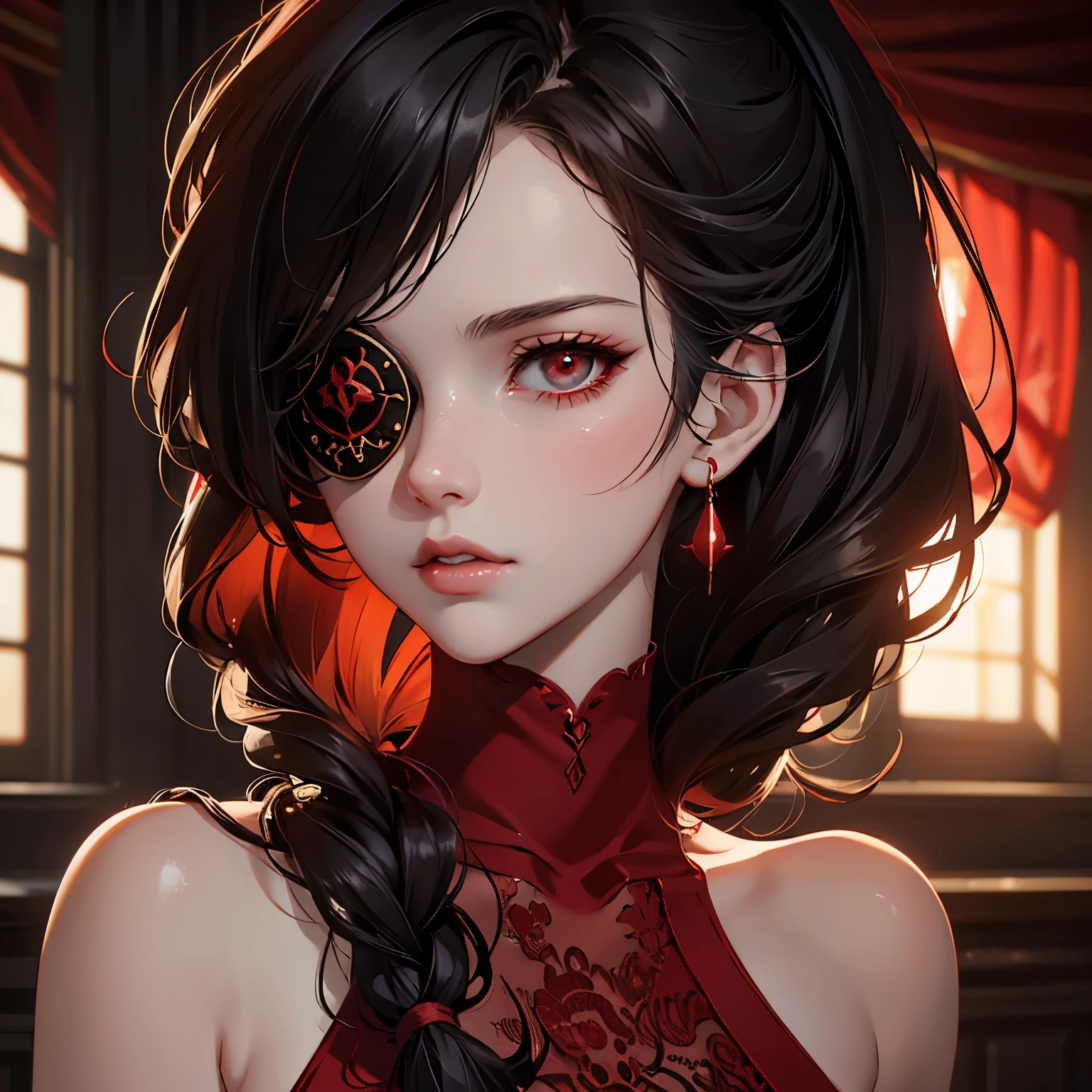 close,A girl in red wearing an eye patch, in the style of anime art, vray, romantic academia, delicate shading, Dark white, 32k ULTRAHD, Baroque exaggeration