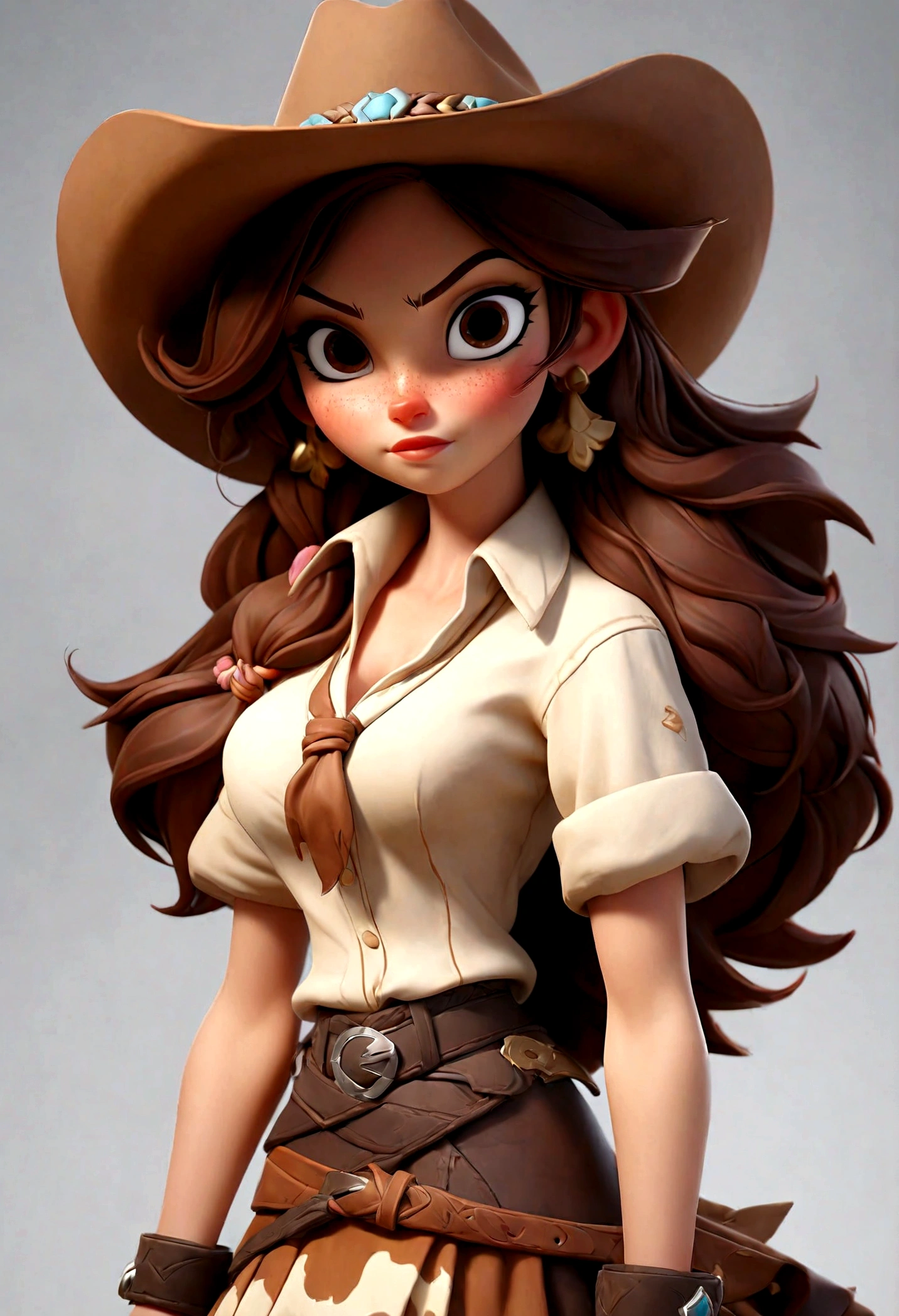 (Best quality, high resolution: 1.2), Ultra-detailed, (Realistic: 1.37) brunette, médium brown hair, brown eyes, small cheast, 30 years, full body, whith a skirt and shirt cowgirl style