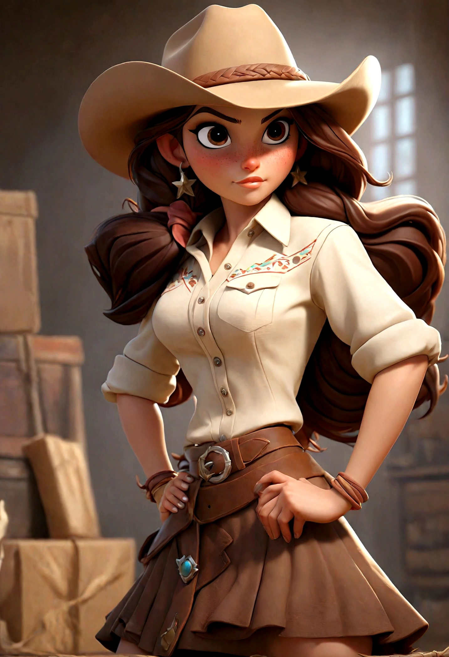 (Best quality, high resolution: 1.2), Ultra-detailed, (Realistic: 1.37) brunette, médium brown hair, brown eyes, small cheast, 30 years, full body, whith a skirt and shirt cowgirl style