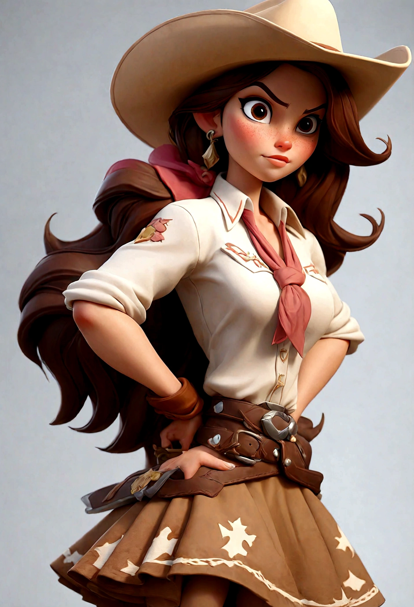 (Best quality, high resolution: 1.2), Ultra-detailed, (Realistic: 1.37) brunette, medium brown hair, brown eyes, with  black glasses round small chest, 30 years, full body,  brown leather cowgirl style((( big boobs sexy)))