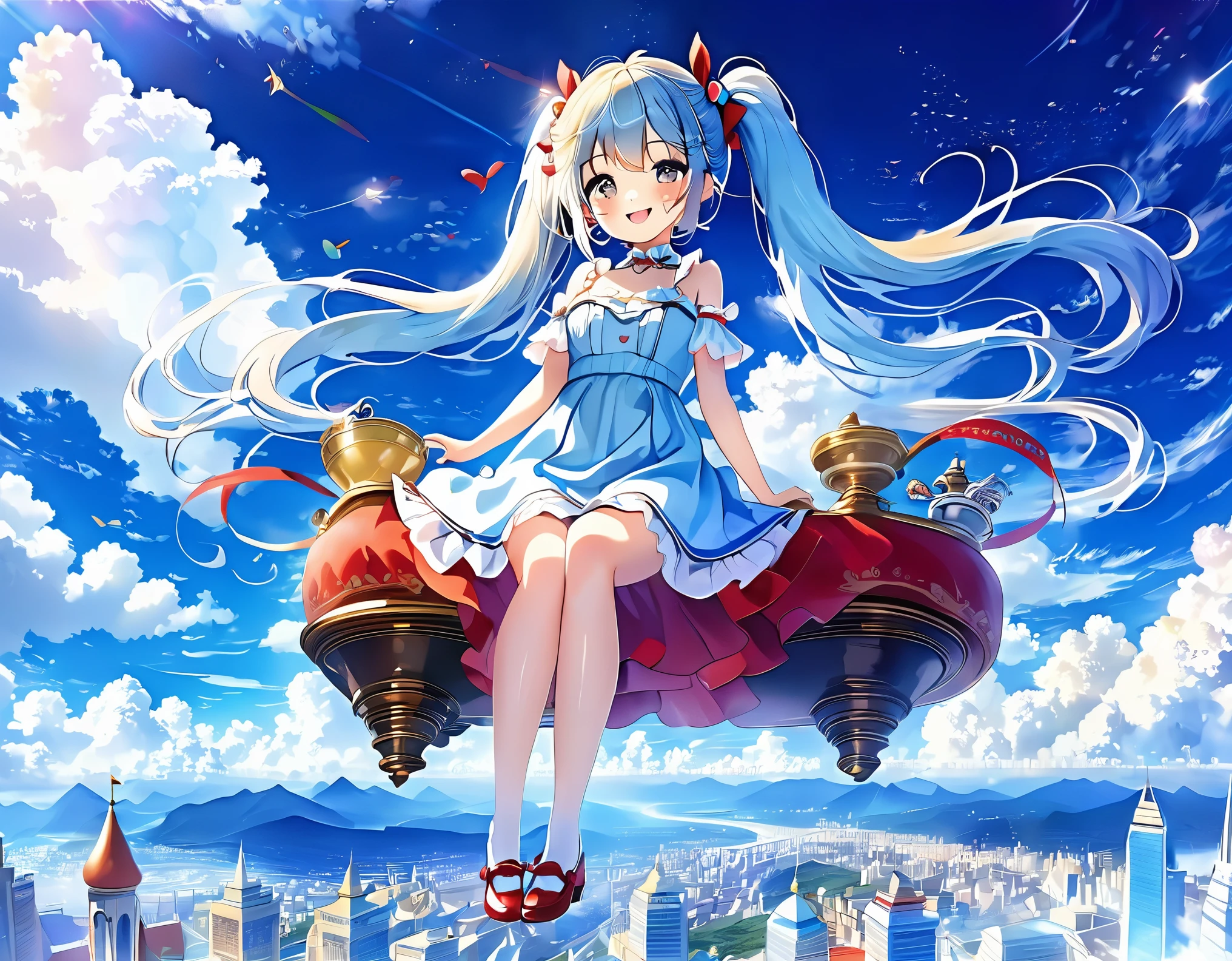 Light blue long hair、Beautiful girl with twin tails、Bright smile、Magical Land、Fantasy World、Sitting on a magical red carpet and flying through the sky、Blue sky and white clouds、You can see the cityscape、Masterpiece