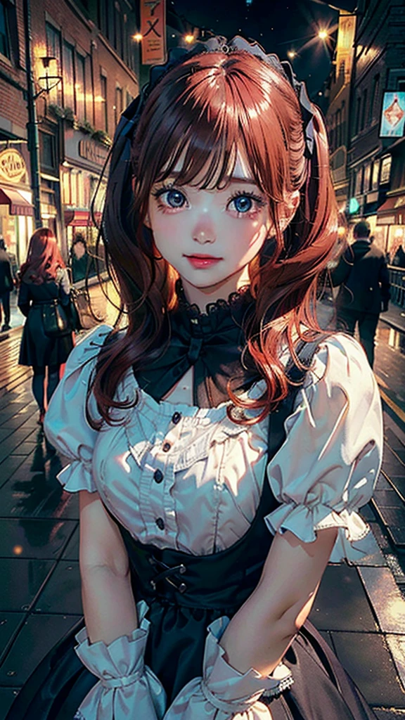 (highest quality, 8k, 4K, High resolution, masterpiece:1.2), Very detailed, Beautiful illustrations, Bright colors, Lens flare, Natural light, one person, woman, Beautiful facial details, Beautiful Eyes, Long eyelashes, Soft lips, (Small face), (Light red hair, Long Hair, Brown eyes), Perfect Face, Shiny skin, (Beautiful breasts), Laughing with your mouth open:1.2, (Lolita Fashion:1.2, Dark Color), (Gazing at the viewer, Cowboy Shot), bustling street, City lights, Light and shadow with attention to detail, Background blur.