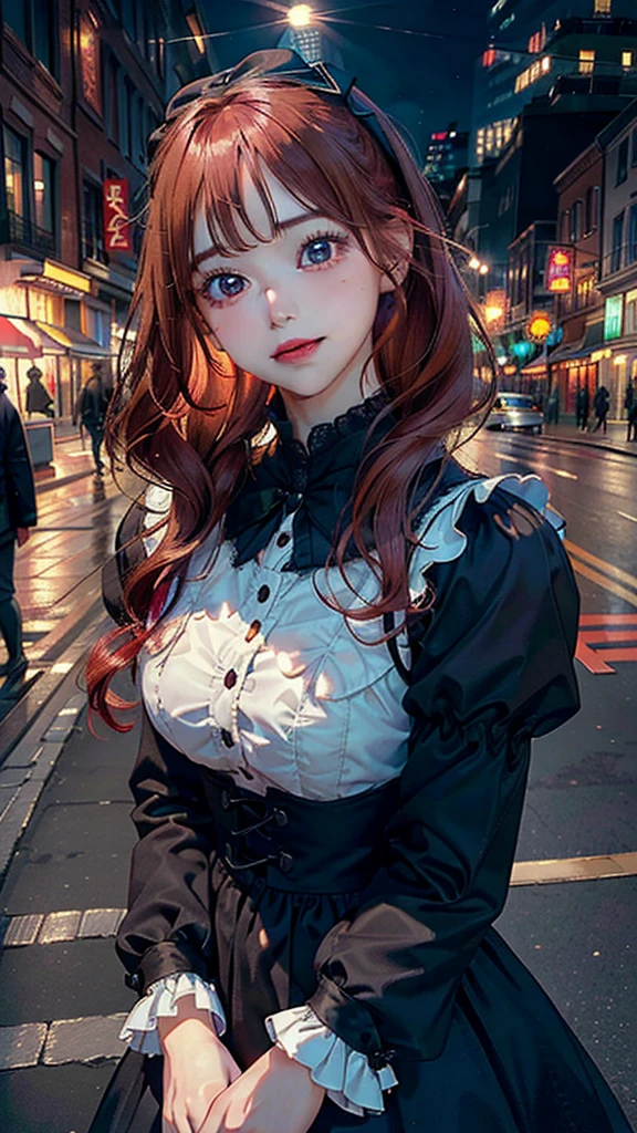 (highest quality, 8k, 4K, High resolution, masterpiece:1.2), Very detailed, Beautiful illustrations, Bright colors, Lens flare, Natural light, one person, woman, Beautiful facial details, Beautiful Eyes, Long eyelashes, Soft lips, (Small face), (Light red hair, Long Hair, Brown eyes), Perfect Face, Shiny skin, (Beautiful breasts), Laughing with your mouth open:1.2, (Lolita Fashion:1.2, Dark Color), (Gazing at the viewer, Cowboy Shot), bustling street, City lights, Light and shadow with attention to detail, Background blur.