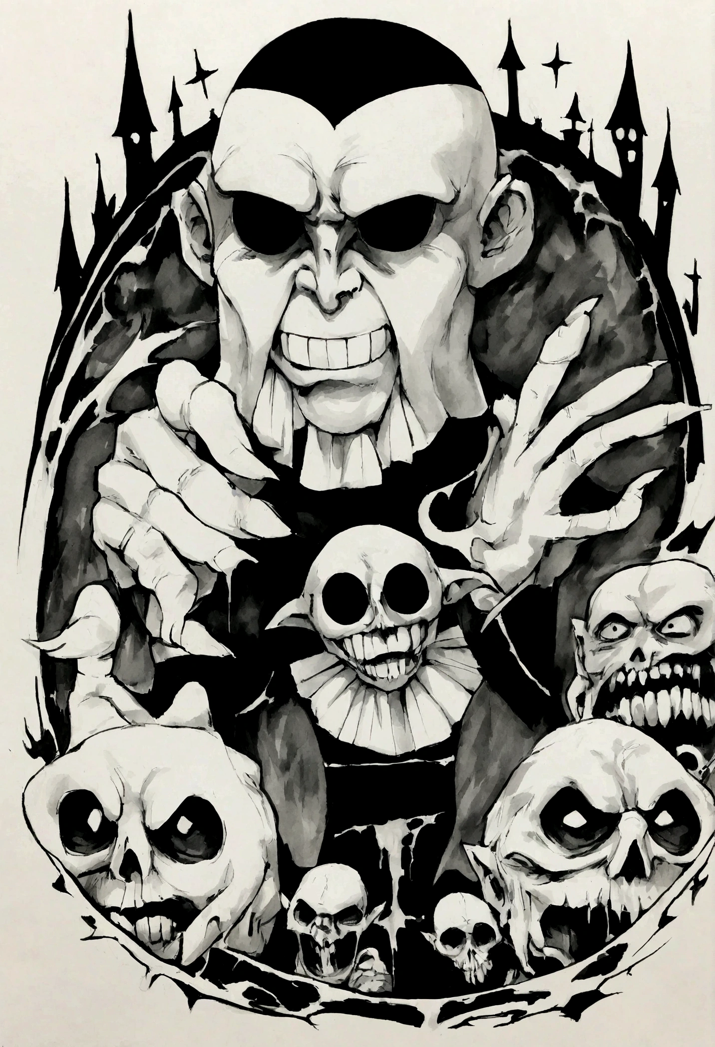 Count Orlok, evil, horror, gothic, black and white, inks, in the style of Shawn Coss