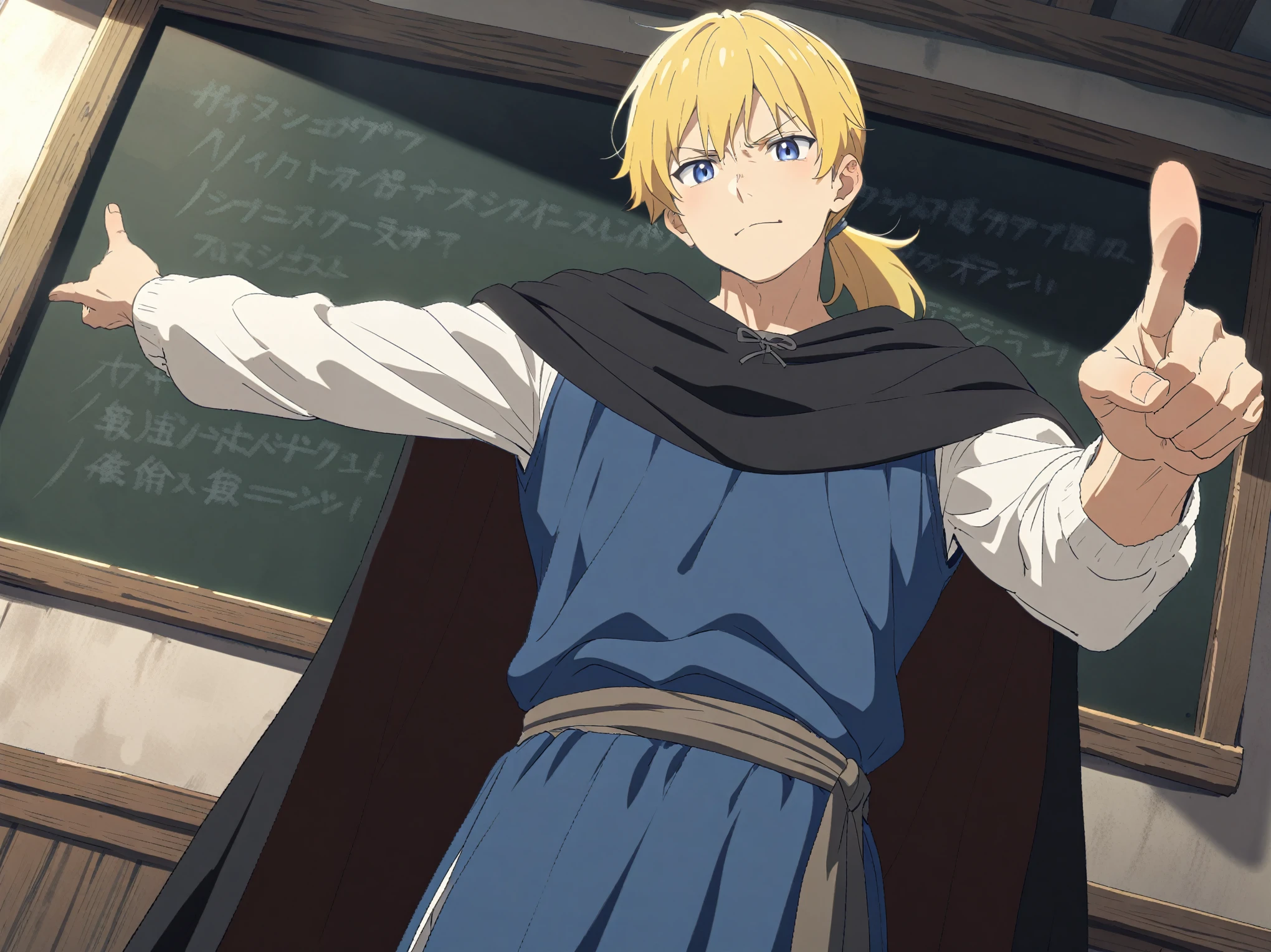 {{upper body, dutch angle}} {{Artist: Sincos}} muscular male, solo, tall, lean, handsome, blonde hair, short hair, high ponytail, short ponytail, straight hair, blue eyes, indoors, chalkboard, pointing up, faint smile, standing, looking at viewer, blue tunic, white sleeves, black cloak, medieval fantasy.