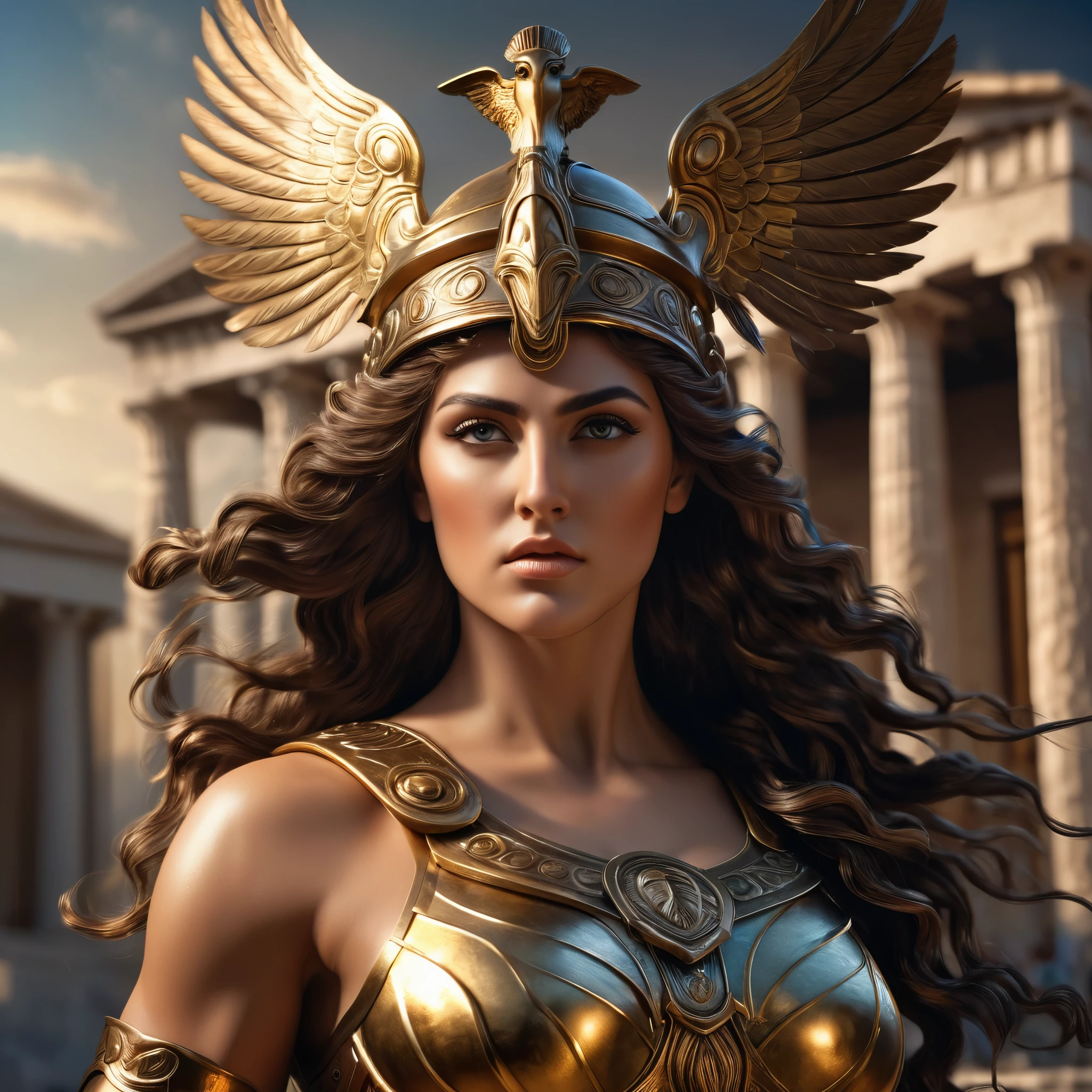 (a beautiful greek goddess athena,goddess of wisdom and war), intricate detailed face, intense eyes, flowing hair, elegant greek armor, detailed muscular physique, (photorealistic,ultra-detailed,8k,best quality,masterpiece:1.2),dramatic lighting,cinematic composition,chiaroscuro lighting,dramatic shadows,vibrant colors,epic fantasy art