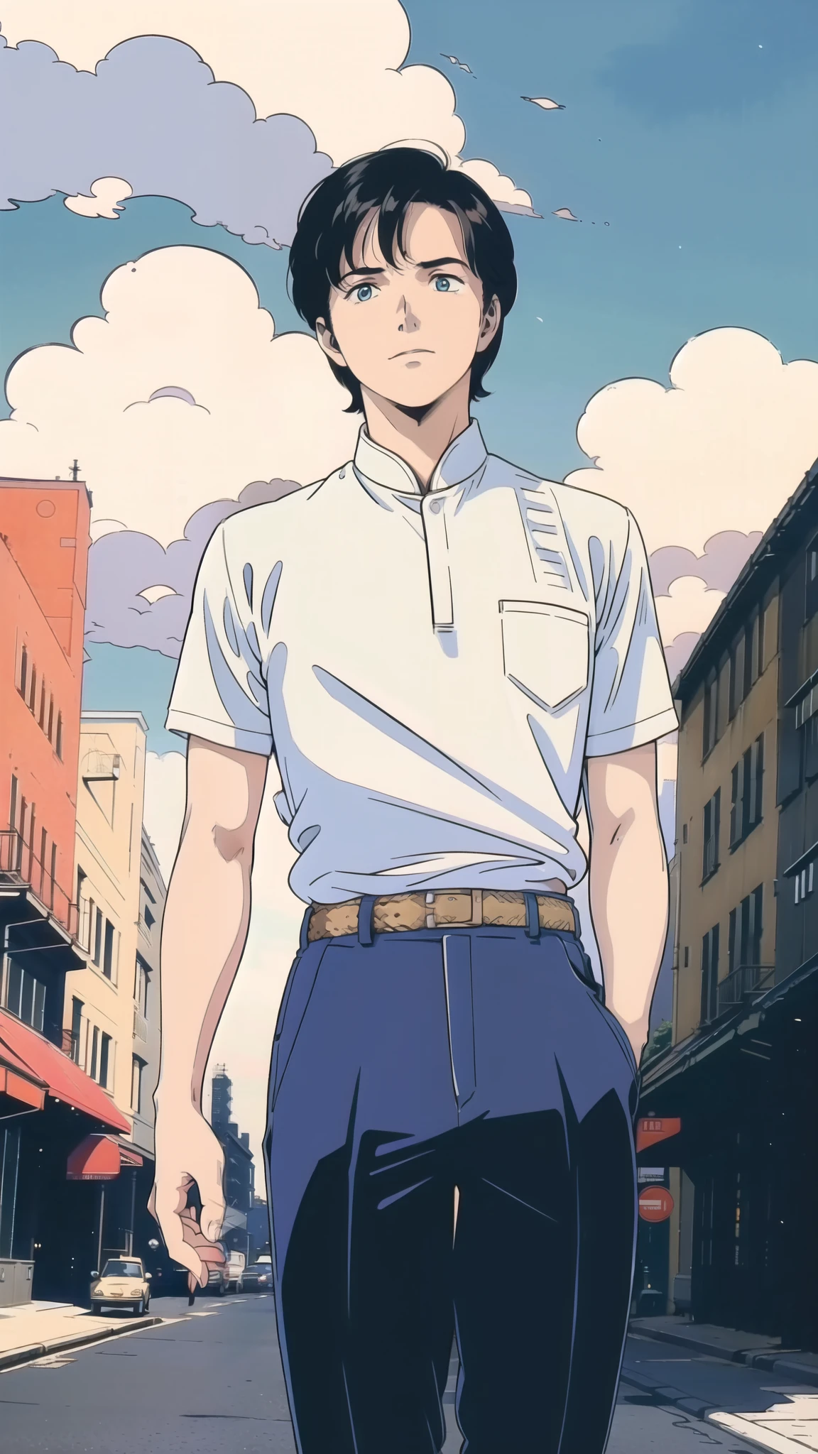 ((1980s_style)), naked, One boy, Upper Body, Black Short Hair, good, Wide-leg trousers, Are standing, (Outdoor, Cityscape, building, street, blue sky, cloud), (Cowboy Shot),(masterpiece, high quality, 最high quality), (colorful),(Delicate eyes and face), Volumetric Light, Ray Tracing, Highly detailed CG Unity 8k wallpaper, alone.
