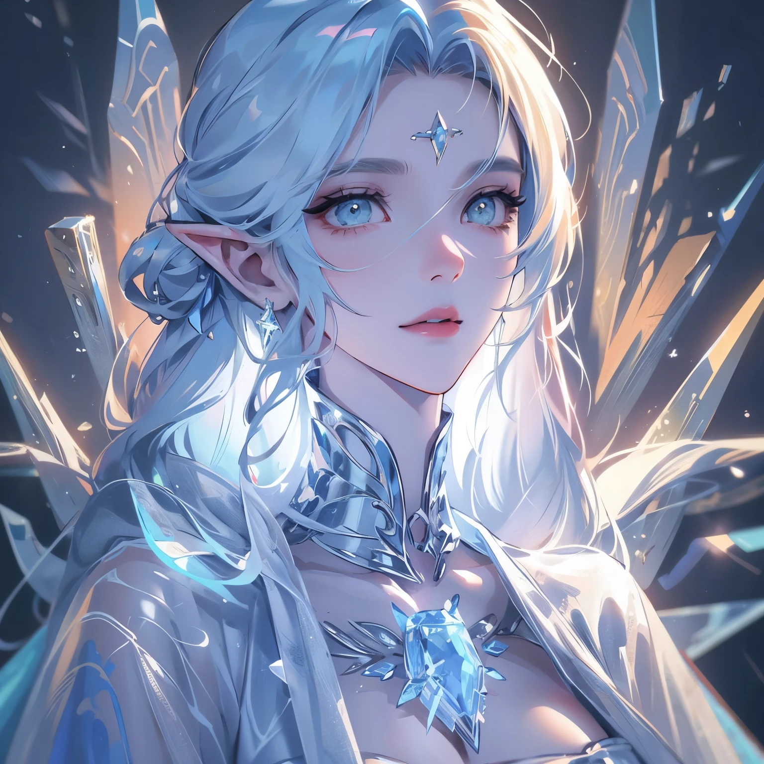 portrait of an ice elf, ice around, frosty theme, shiny yellow eyes, light cold smile, arrogant facial expression, sexy Russian style costume, Blue crystal jewelry, icy blue glowing tattoos,Detailed,Realistic,4k highly detail,by Mappa studios,masterpiece,best quality,official art,illustration,ligne claire,(cool_color),perfect composition,fantasy,focused,rule of third