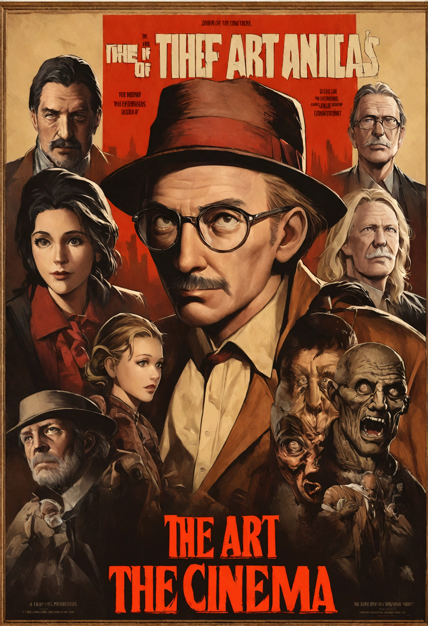 poster depicting Freddy Krueger above some people including a blond girl, a man with glasses, an older man, , detailed 4k horror artwork, The Art of Cinemawork, blockbuster The Art of Cinema, inspired by John Carpenter, Movie poster, The Art of Cinema, Illustration for the film, bestselling The Art of Cinema poster, drew struzan style art, Twin Peaks Poster, full poster, Rick Baker's Style, based on Drew Struzan