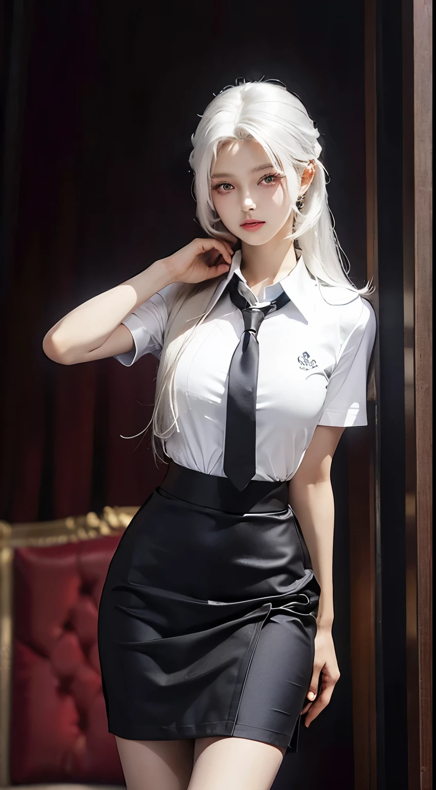 photorealistic, high resolution, 1 women, solo, hips up, look at viewer, (detailed face), white hair, long hair, secretary uniform, skirt, lace bra